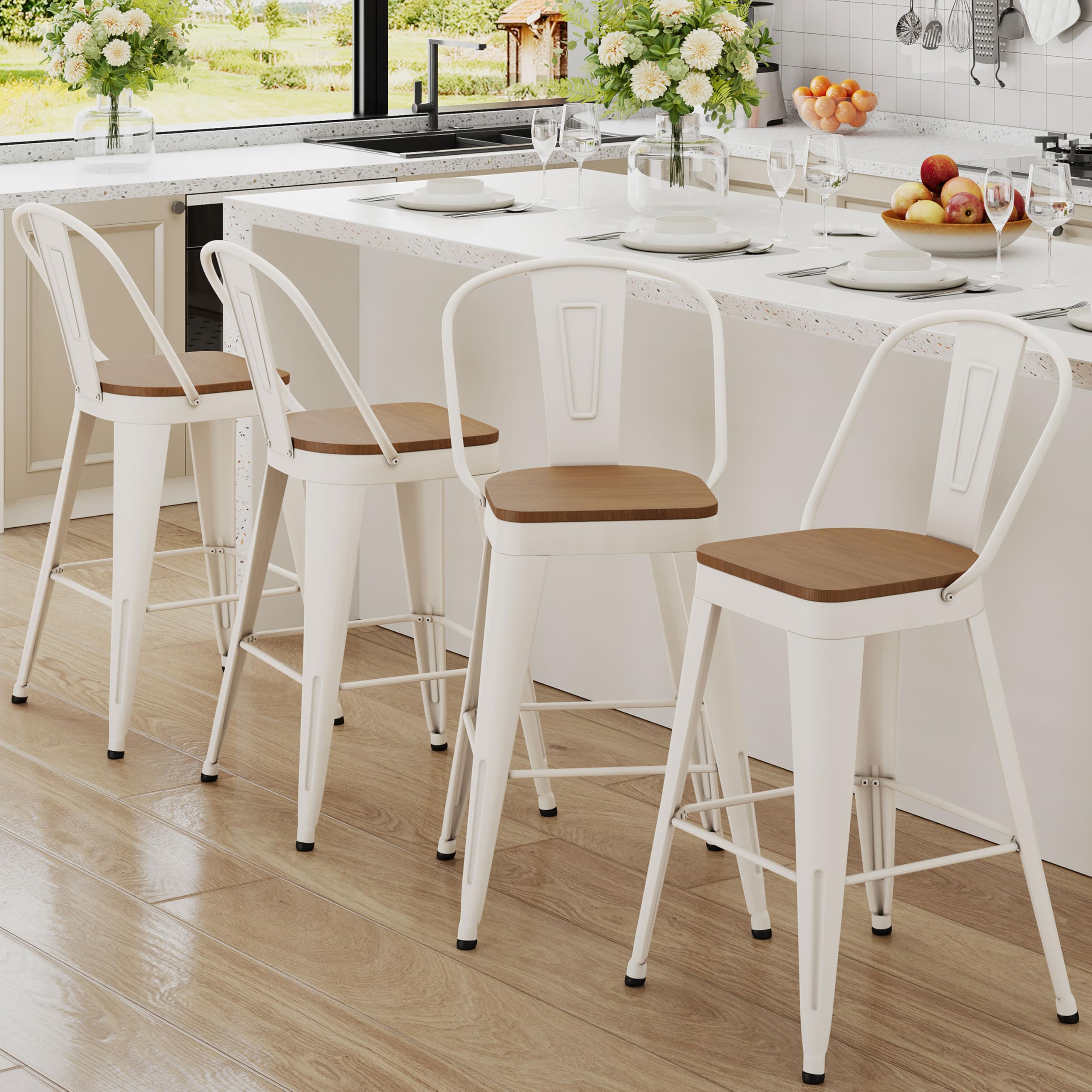 Andeworld Metal Bar Stools Set of 4, 24 inch Counter Height Barstools with Backs Farmhouse Modern High Back Bar Stools with Larger Seat Kitchen Dining Bar Chairs,Matte Black