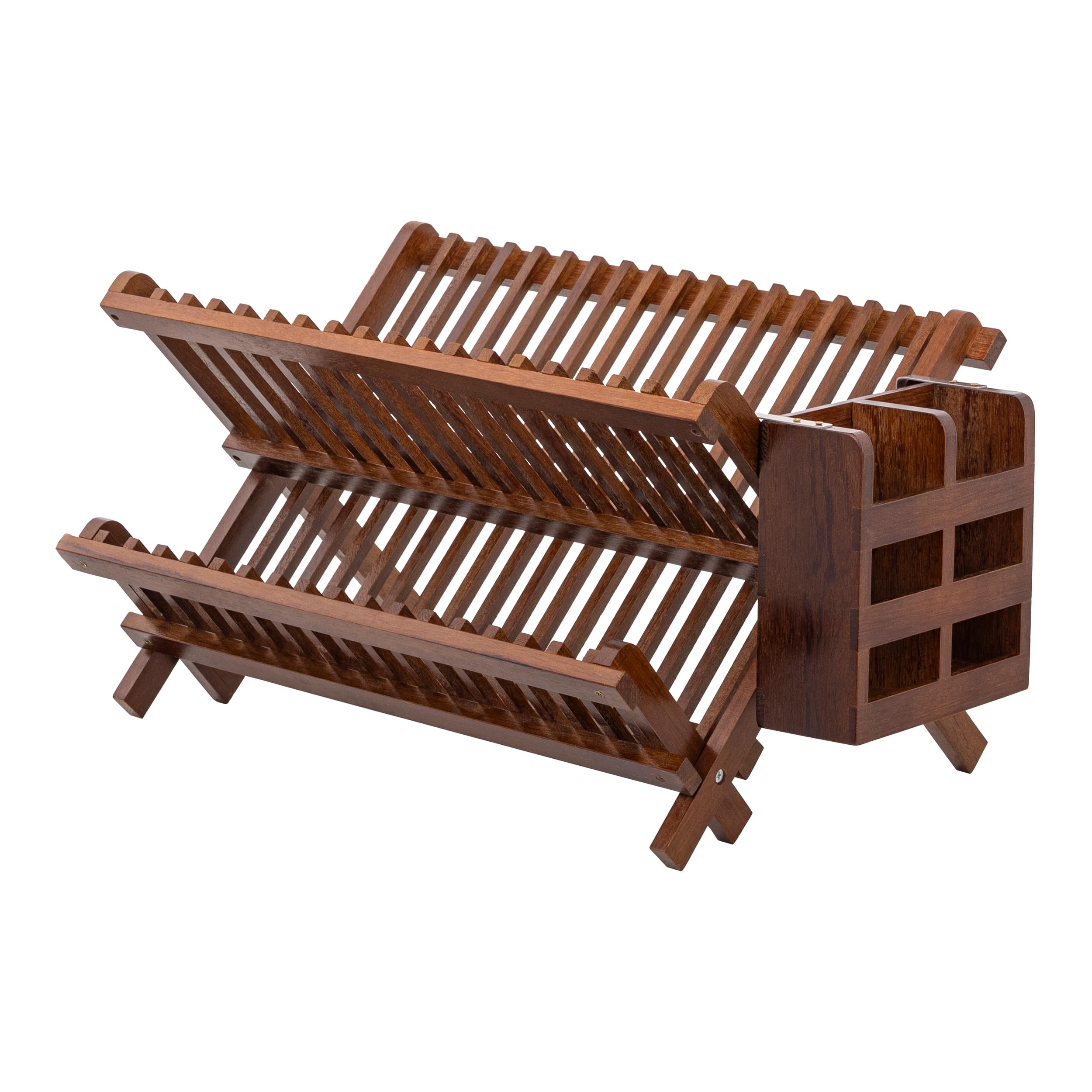 HBlife Bamboo Dish Drying Rack with Utensils Flatware Holder Set, 3-Tier Large Folding Drying Holder for Kitchen Counter, Collapsible Drainer