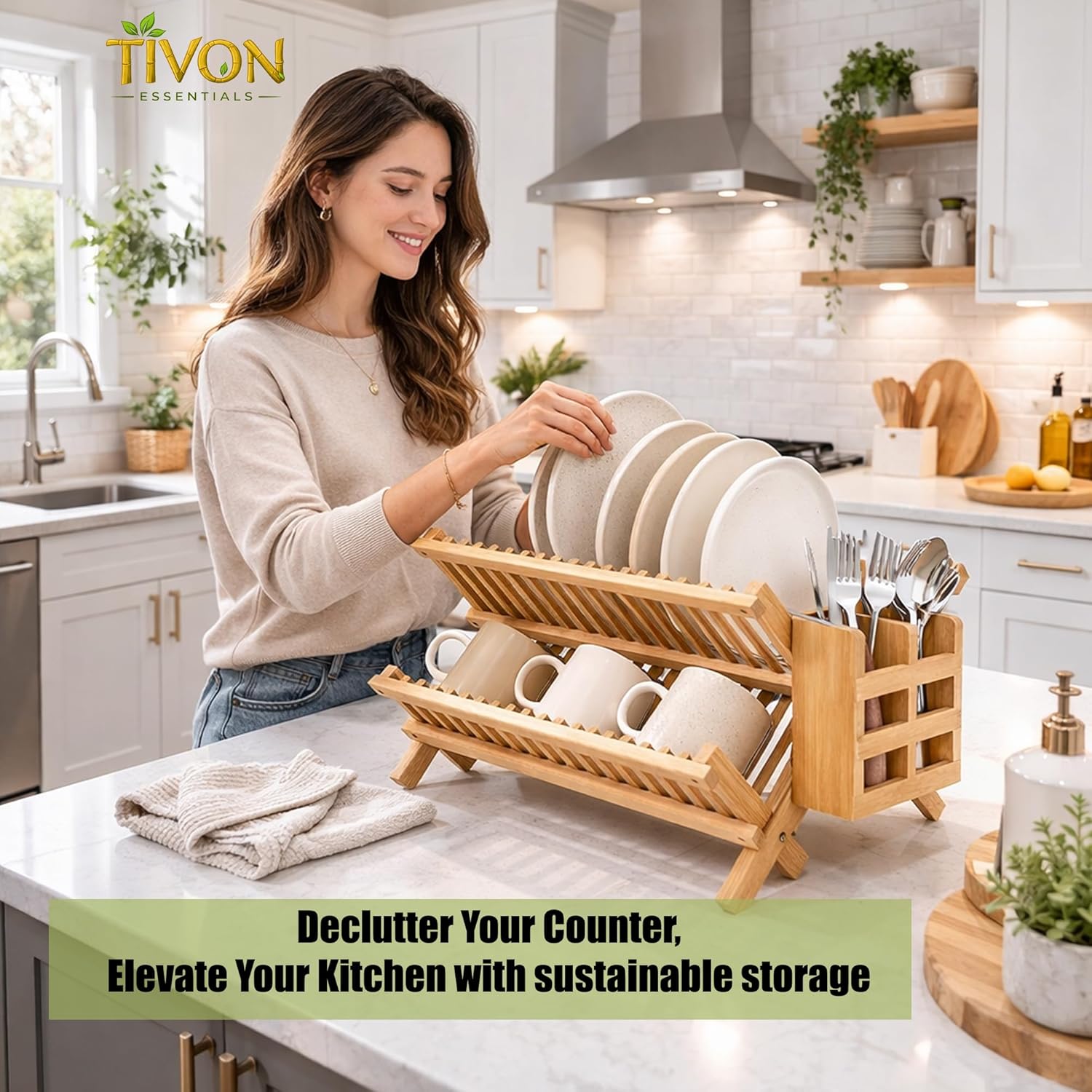 3-Tier Collapsible Bamboo Dish Drying Rack with Utensil Holder & Absorbent Mat