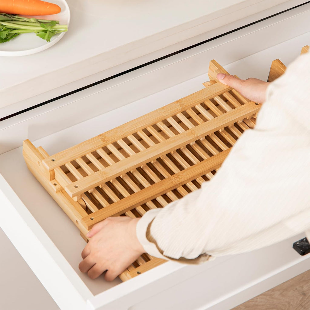 HBlife Bamboo Dish Drying Rack with Utensils Flatware Holder Set, 3-Tier Large Folding Drying Holder for Kitchen Counter, Collapsible Drainer