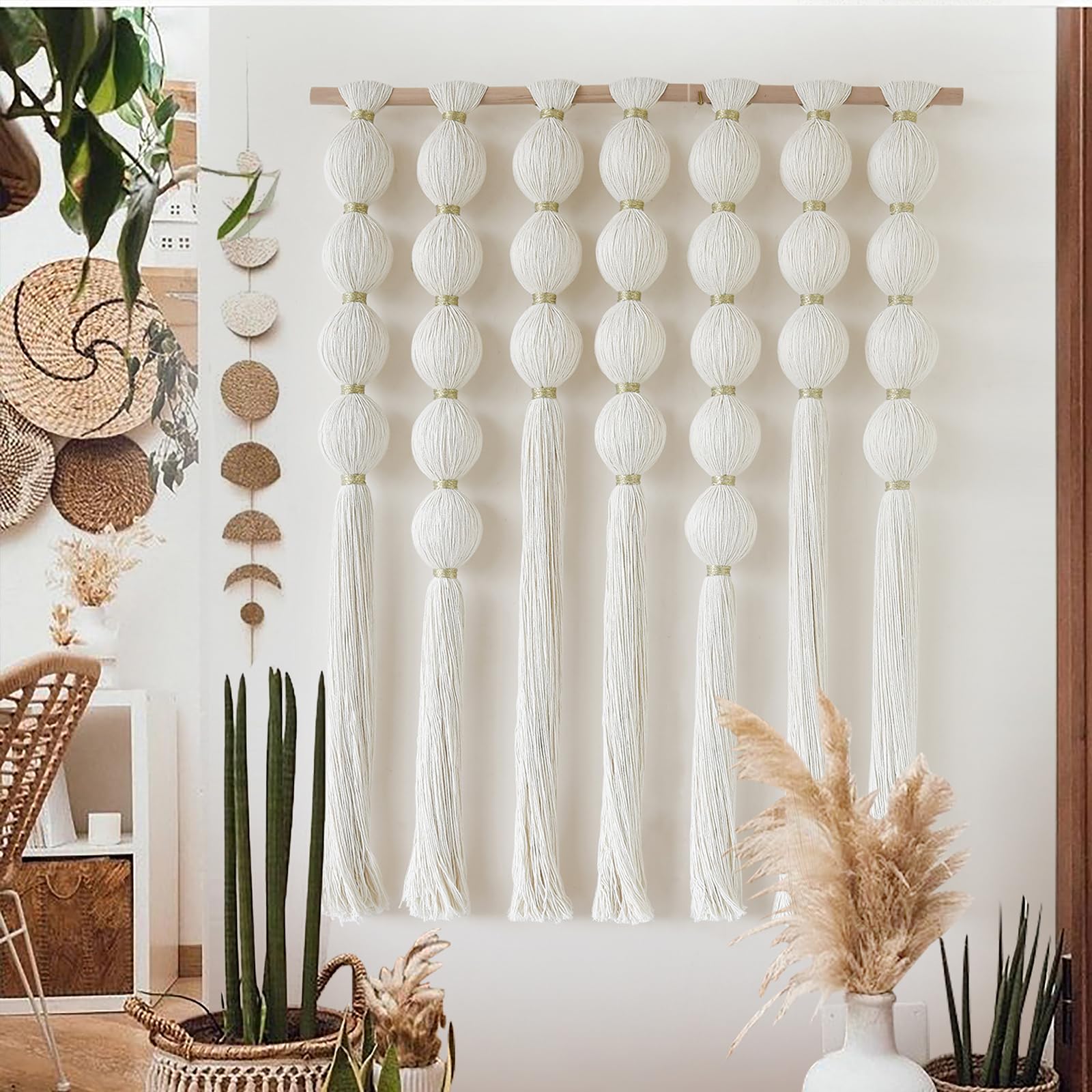 IOWER Macrame Wall Hanging Blue Yarn Wall Art Tassel Wall Decor with Knotted Ball Design Bohemian Wall Decor for Living Room Bedroom Home Backdrop 27" W x 39" L