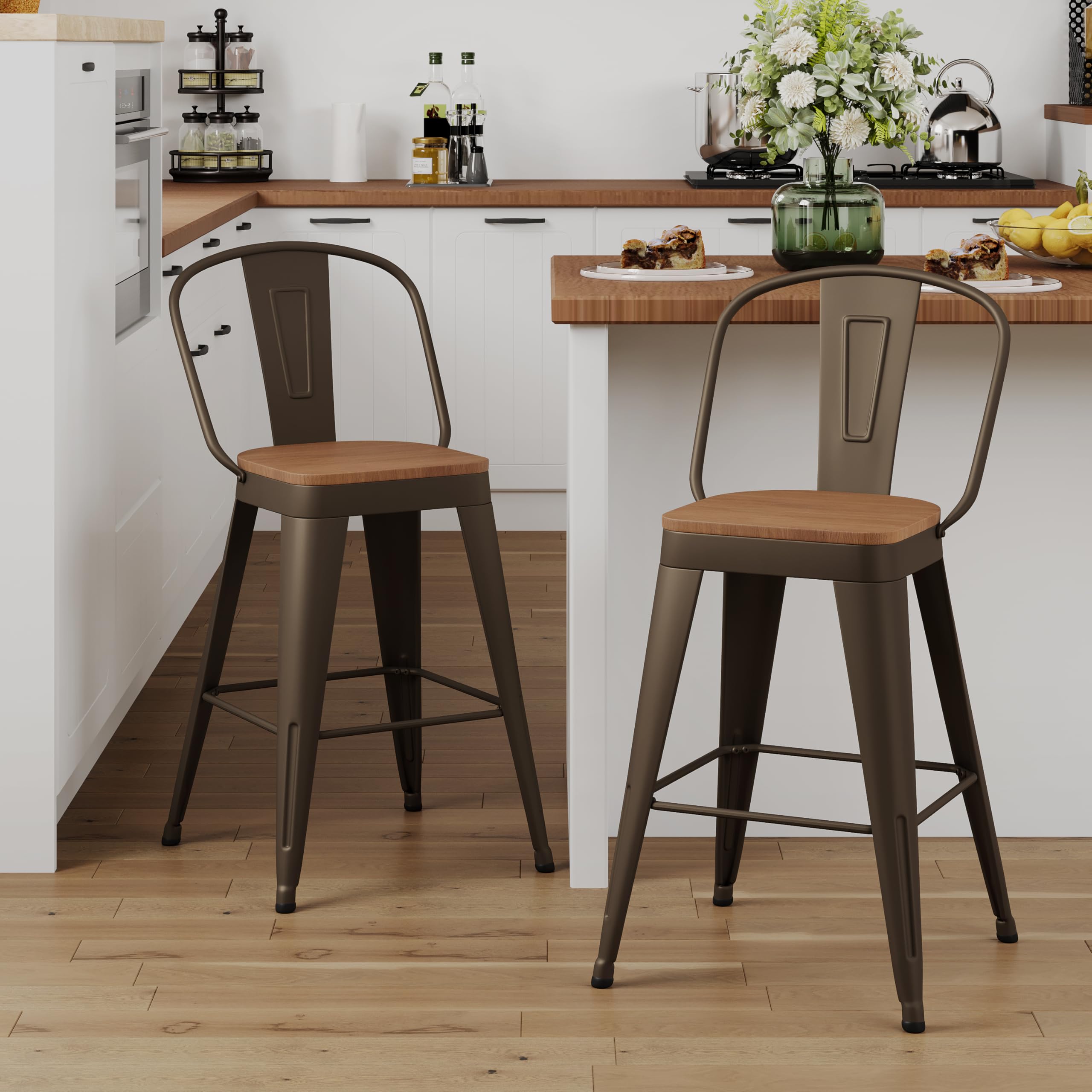 ALISH 30 Inch Industrial Bar Stools Set of 4, High Back Metal Barstools with Large Wood Seat, Counter Height Bar Chairs for Kitchen Island (30 Inch Set of 4, Black)