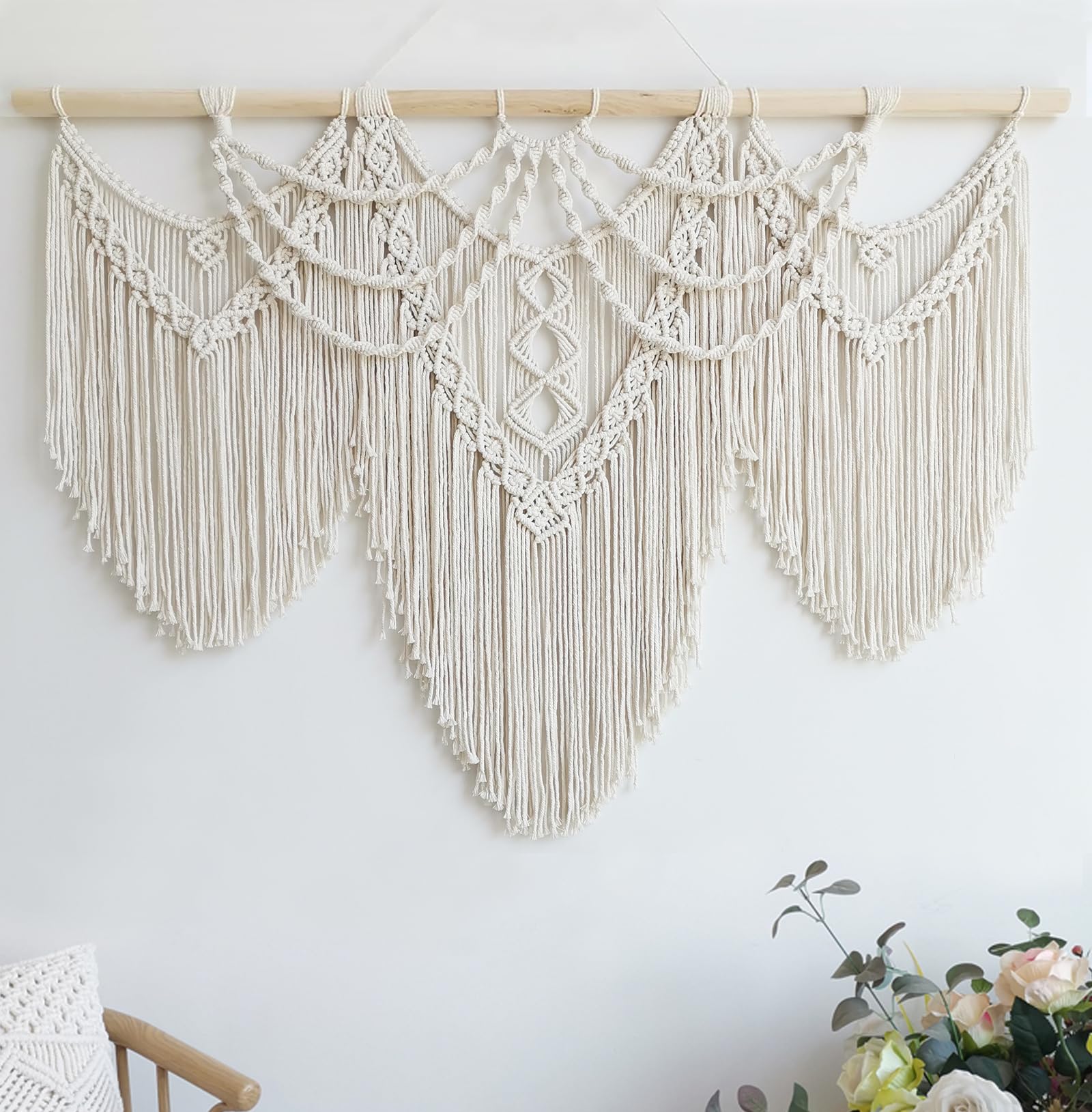 Large Macrame Wall Hanging, Boho Tapestry with Leaf & Wood Bead for Living Room Bedroom