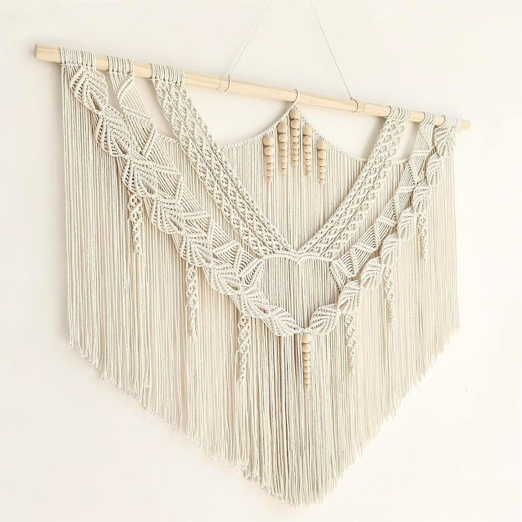 Large Macrame Wall Hanging, Boho Tapestry with Leaf & Wood Bead for Living Room Bedroom