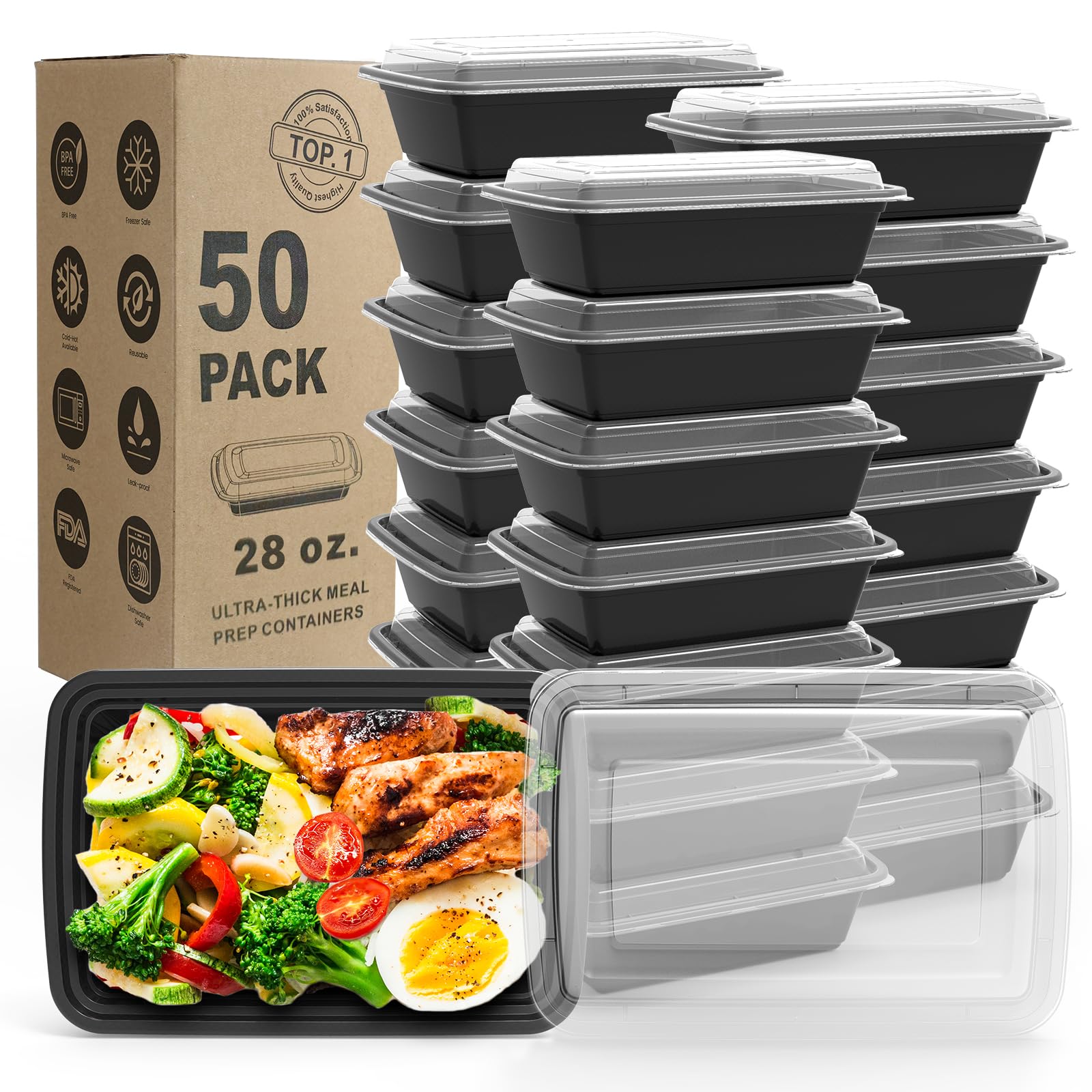 WGCC Meal Prep Containers, 32OZ 50 Pack Extra-thick Food Storage Containers with Lids, Plastic Microwavable Bento Box Reusable Storage Lunch Boxes BPA Free, Stackable, Dishwasher/Freezer Safe