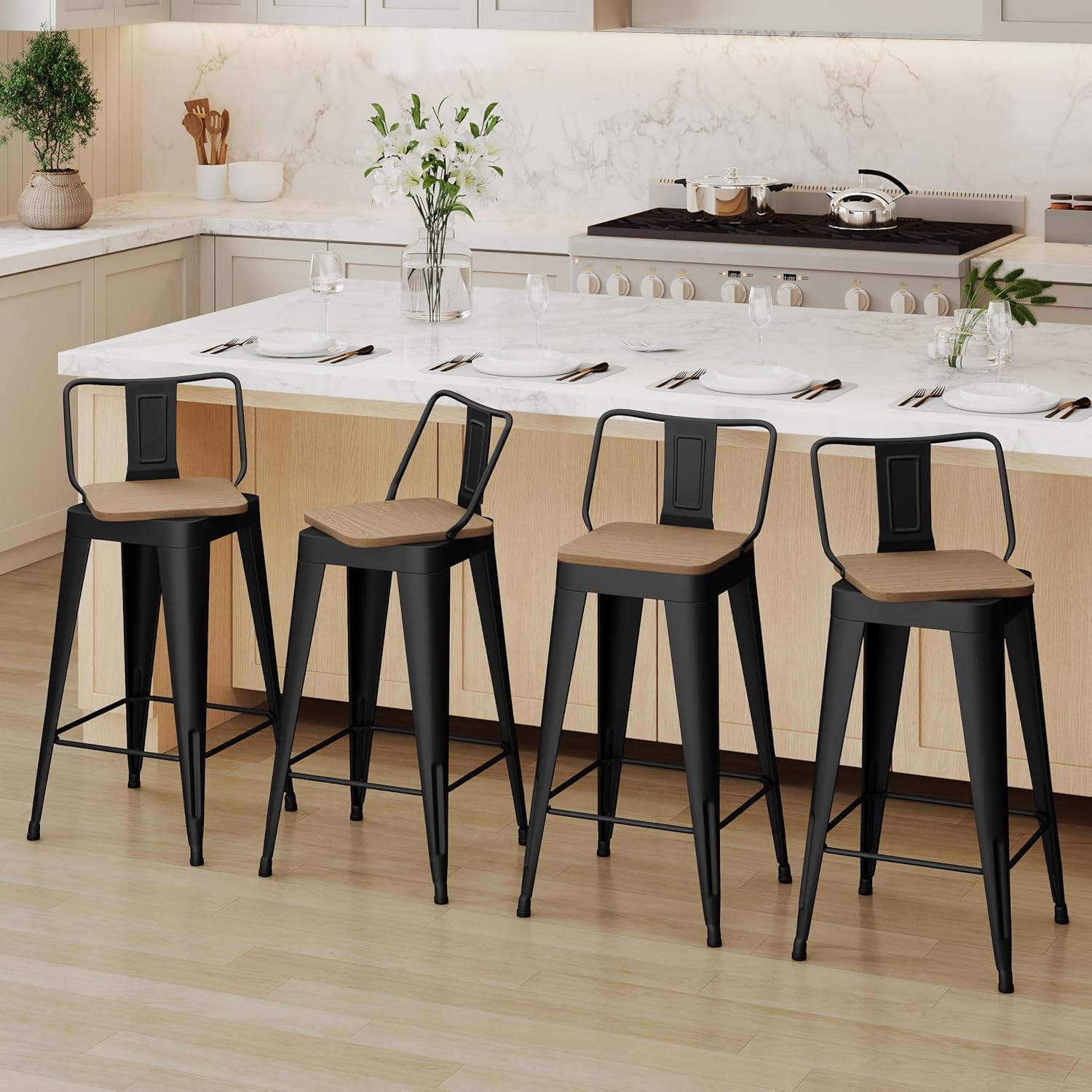 ALISH Swivel Bar Stools Set of 4 Counter Height Metal Bar Stools with Low Back Industrial Barstools for Kitchen Island (Black, 24 Inch 4 PCS)