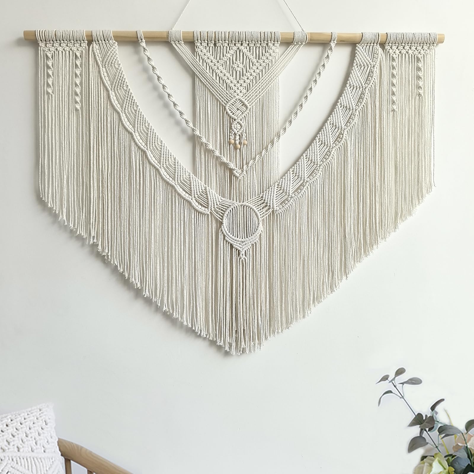 Large Macrame Wall Hanging, Boho Tapestry with Leaf & Wood Bead for Living Room Bedroom