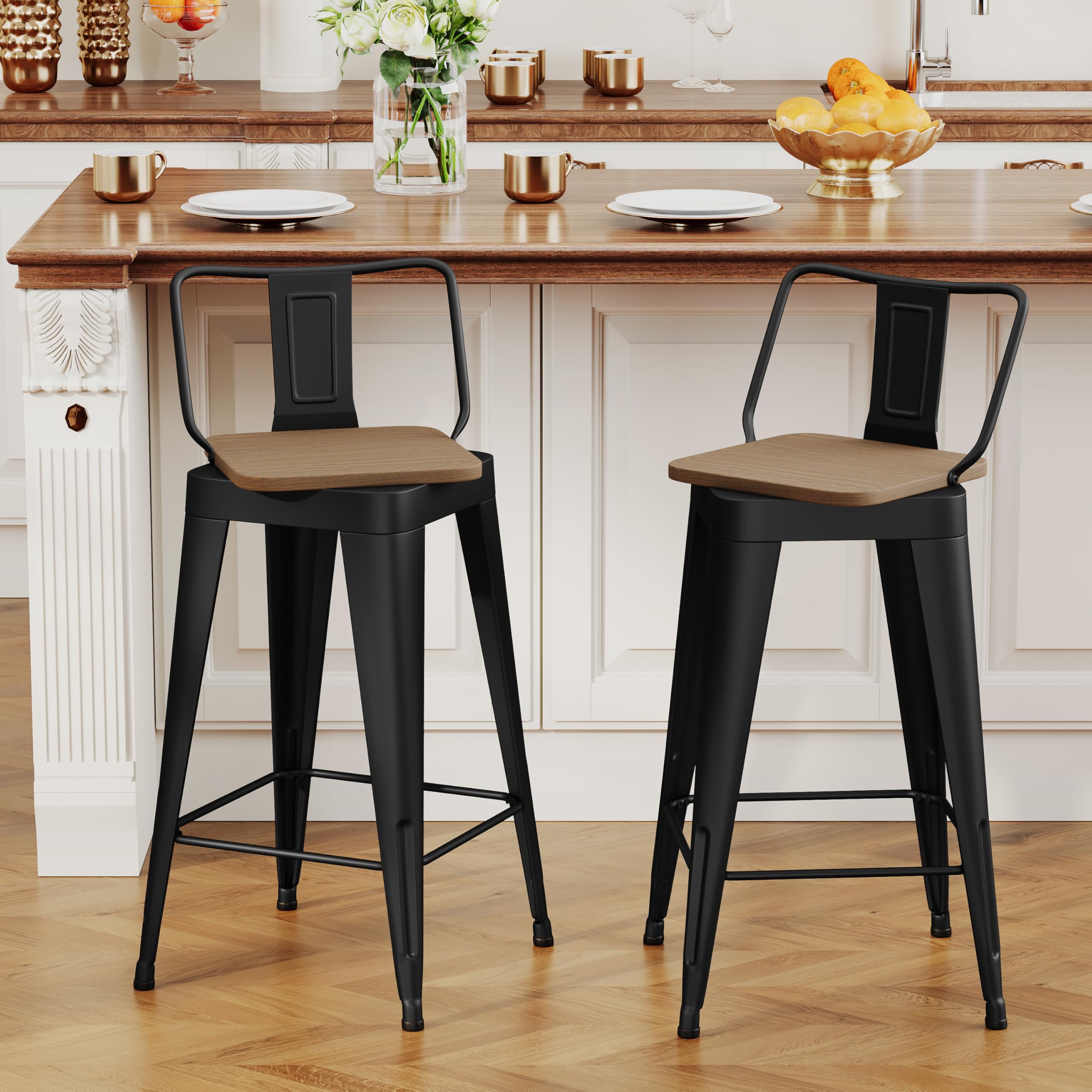 ALISH Swivel Bar Stools Set of 4 Counter Height Metal Bar Stools with Low Back Industrial Barstools for Kitchen Island (Black, 24 Inch 4 PCS)
