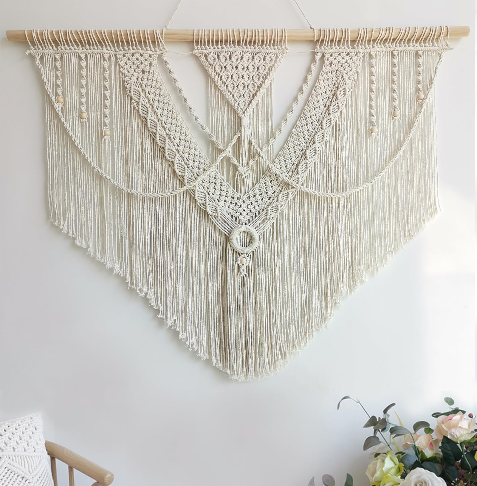 Large Macrame Wall Hanging, Boho Tapestry with Leaf & Wood Bead for Living Room Bedroom