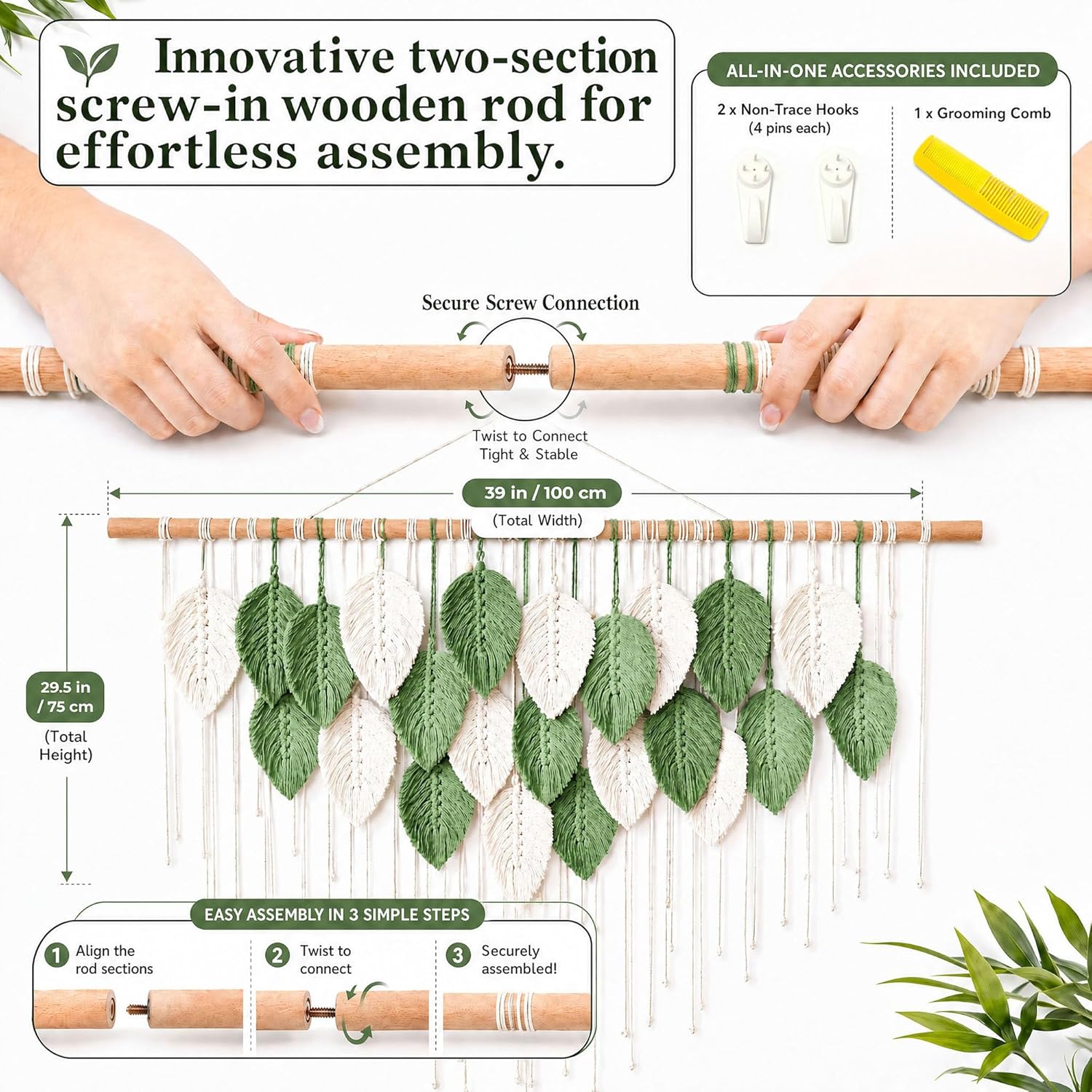 Mnjmhsg Large Macrame Wall Hanging, Boho Leaf Handwoven Macrame Wall Decor with Splicable Wood Rod, Tapestry Wall Hanging Bohemian Wall Art, Premium Cotton Macrame for Bedroom Living Room Office Decor, 39"W x 29.5"L