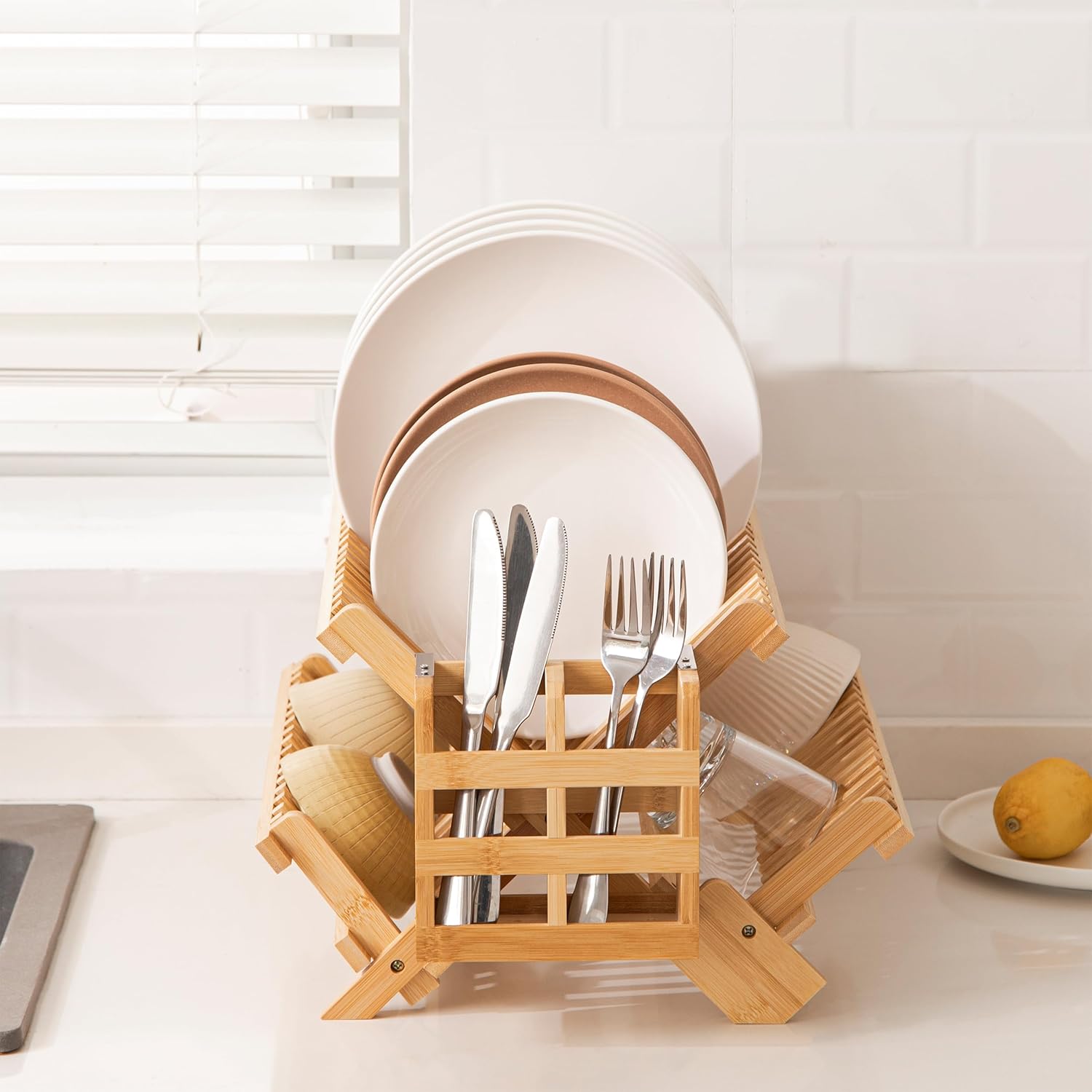 HBlife Bamboo Dish Drying Rack with Utensils Flatware Holder Set, 3-Tier Large Folding Drying Holder for Kitchen Counter, Collapsible Drainer