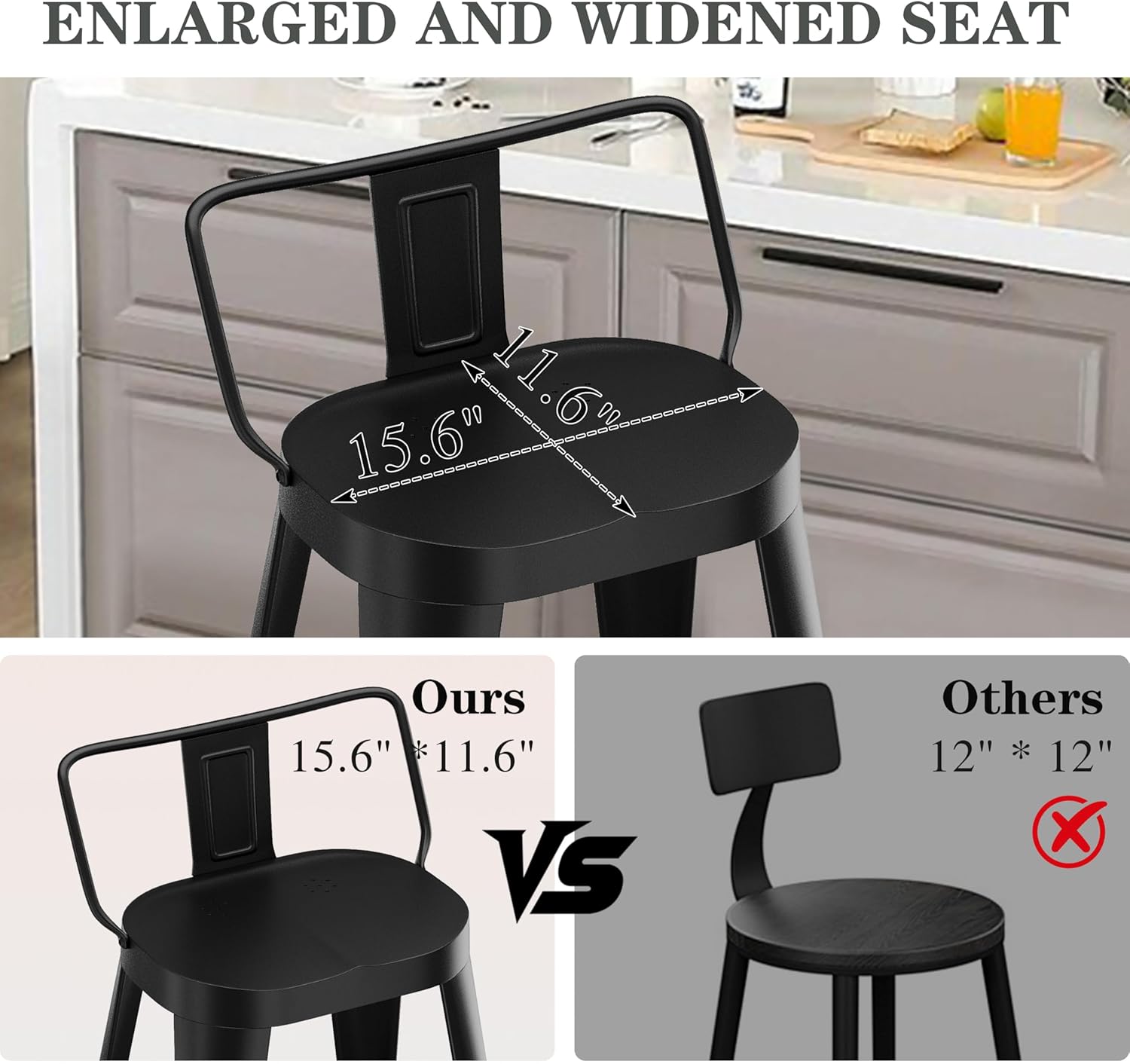 24 Inch Black Industrial Bar Stools Set of 4, Farmhouse Bar Chairs with Large Seat