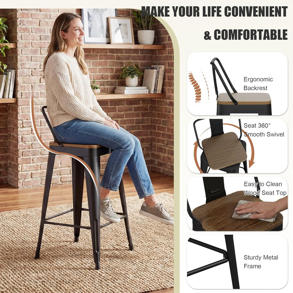 ALISH Swivel Bar Stools Set of 4 Counter Height Metal Bar Stools with Low Back Industrial Barstools for Kitchen Island (Black, 24 Inch 4 PCS)