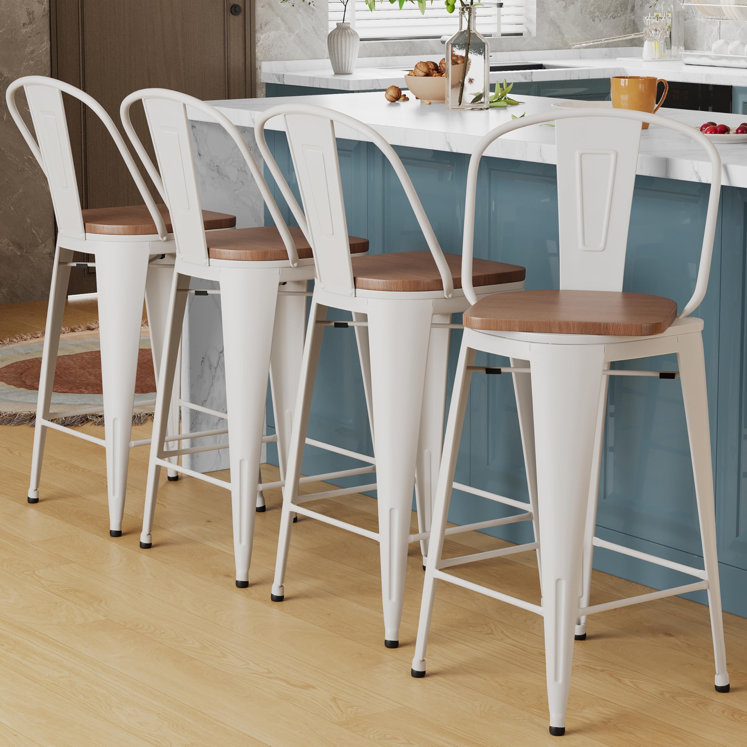 Alunaune 26" Swivel Metal Bar Stools Set of 4 High Back Counter Height Barstools Industrial Dining Bar Chairs with Large Wooden Seat-Matte Black