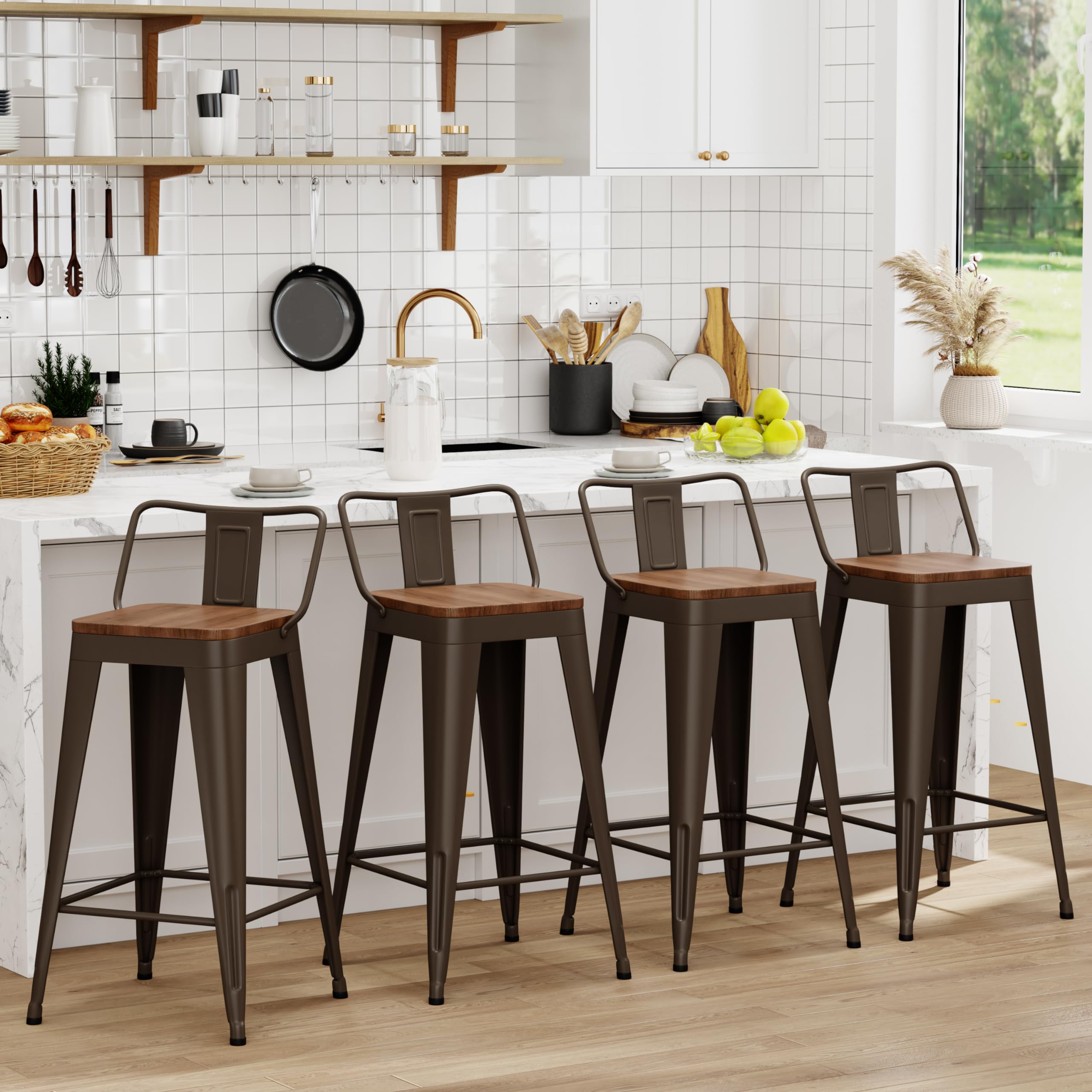 WENTMENT Metal Bar Stools Set of 4 Counter Height Barstools with Removable Back 24" Kitchen Bar Stools with Wooden Seat, Black