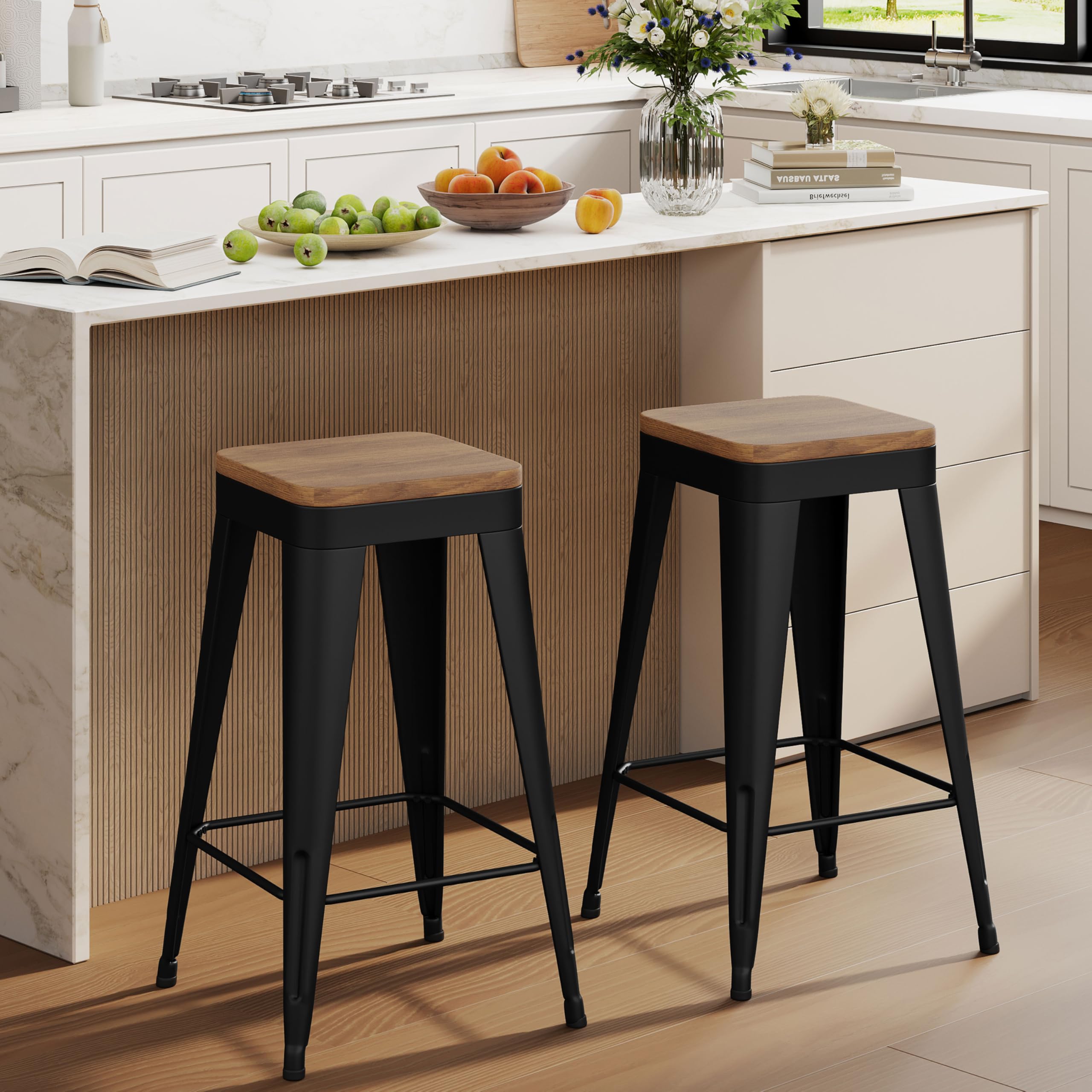 Bar Stools Set of 4 Metal Bar Stool Counter Height Bar Stools Black, Modern 24" Bar Chairs Without Back,Wooden Seat Bar Stool Counter Height