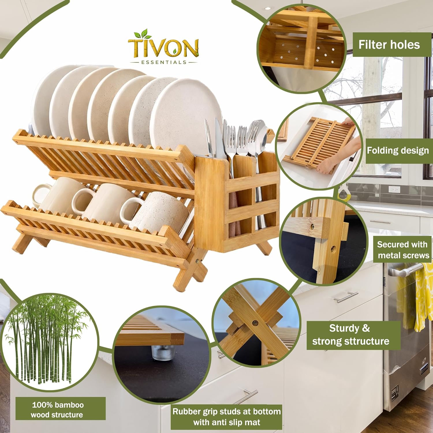 3-Tier Collapsible Bamboo Dish Drying Rack with Utensil Holder & Absorbent Mat