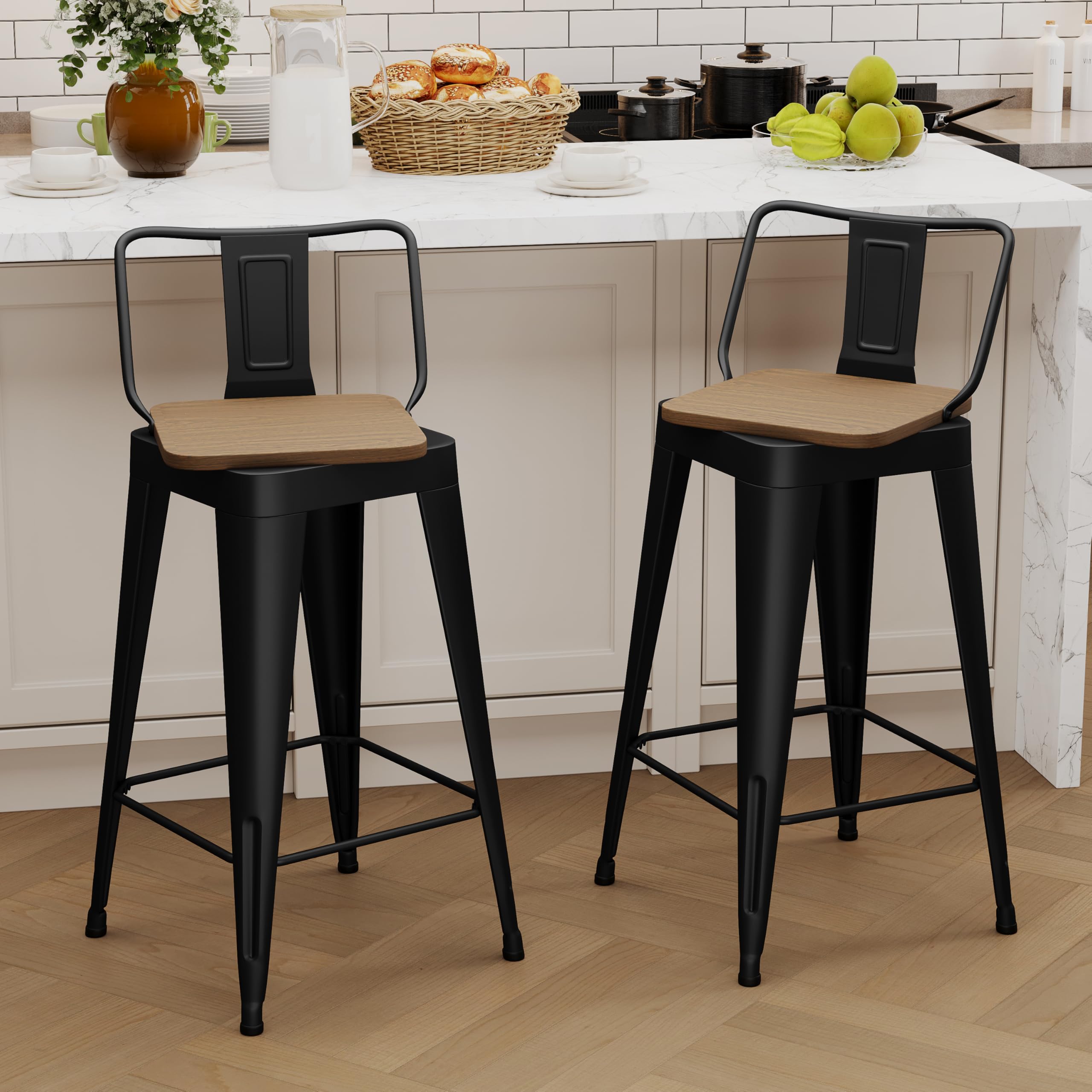 ALISH Swivel Bar Stools Set of 4 Counter Height Metal Bar Stools with Low Back Industrial Barstools for Kitchen Island (Black, 24 Inch 4 PCS)
