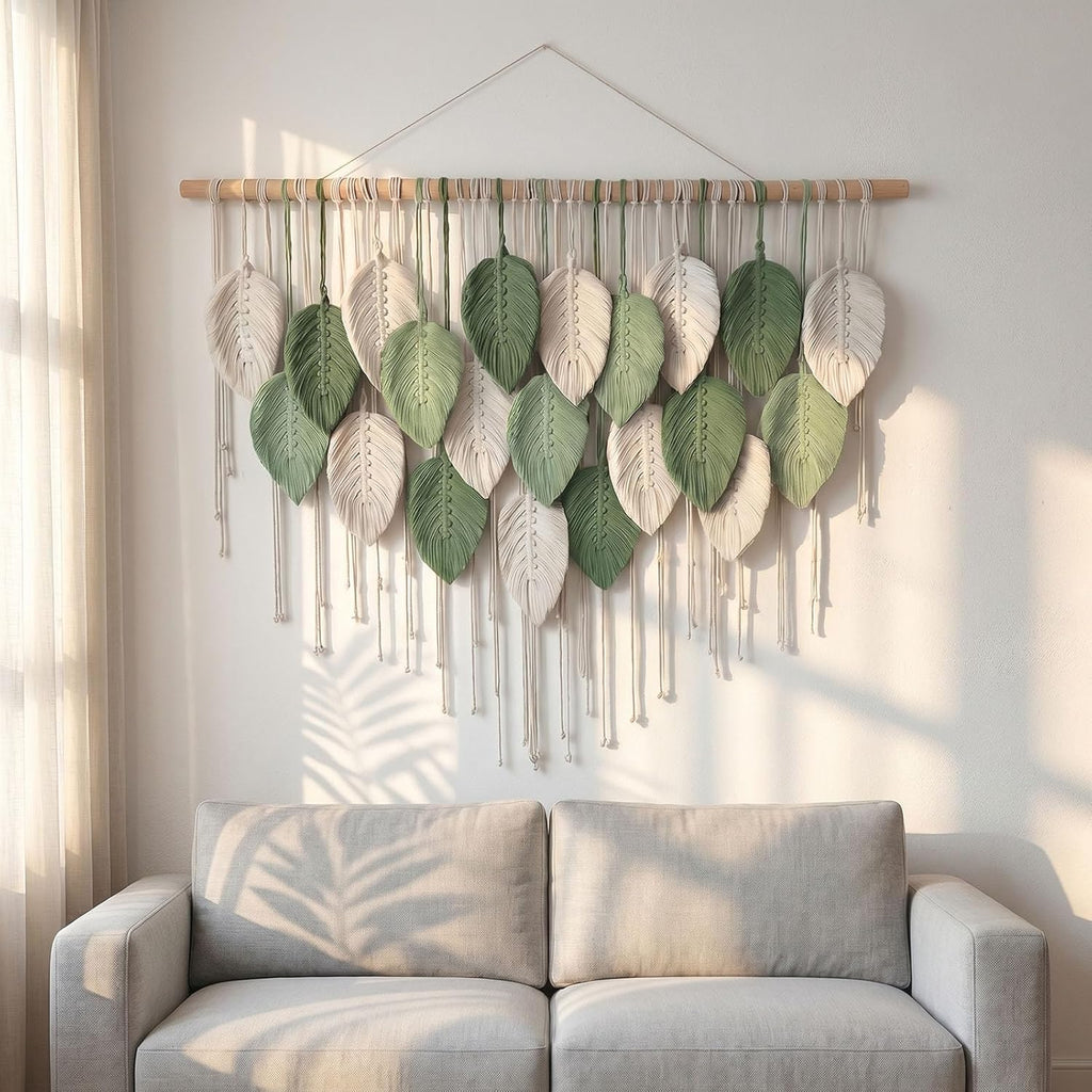 Mnjmhsg Large Macrame Wall Hanging, Boho Leaf Handwoven Macrame Wall Decor with Splicable Wood Rod, Tapestry Wall Hanging Bohemian Wall Art, Premium Cotton Macrame for Bedroom Living Room Office Decor, 39"W x 29.5"L
