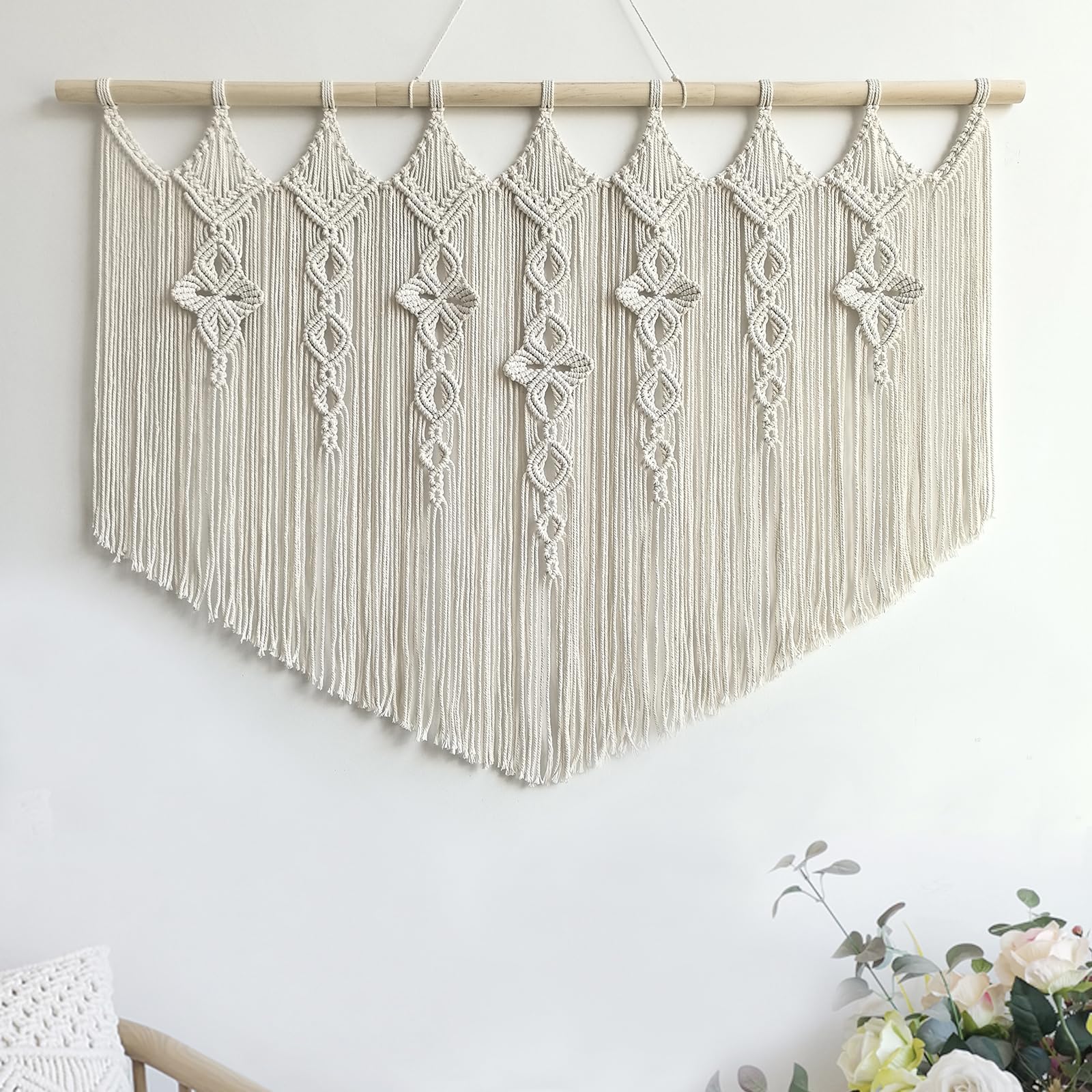 Large Macrame Wall Hanging, Boho Tapestry with Leaf & Wood Bead for Living Room Bedroom