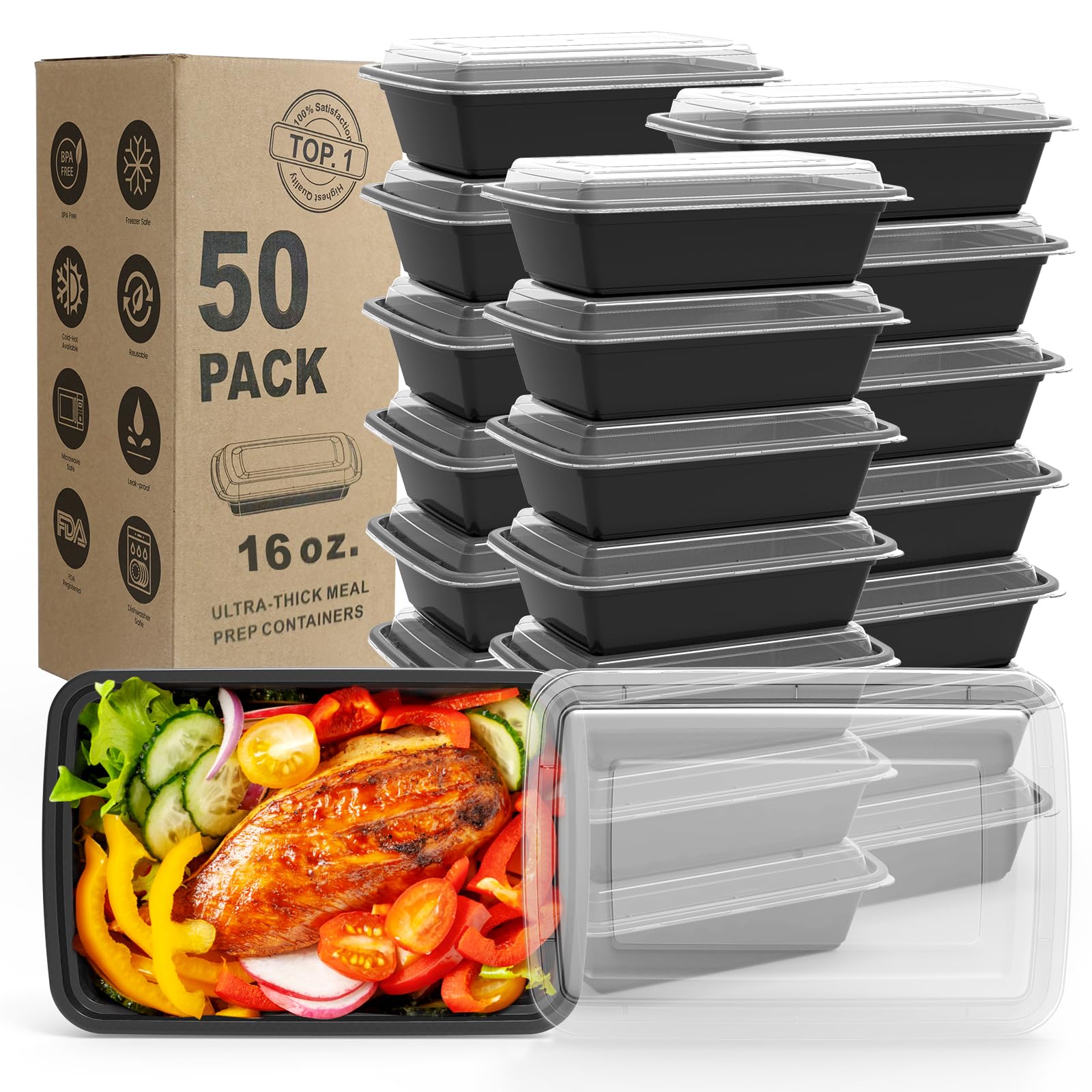 WGCC Meal Prep Containers, 32OZ 50 Pack Extra-thick Food Storage Containers with Lids, Plastic Microwavable Bento Box Reusable Storage Lunch Boxes BPA Free, Stackable, Dishwasher/Freezer Safe