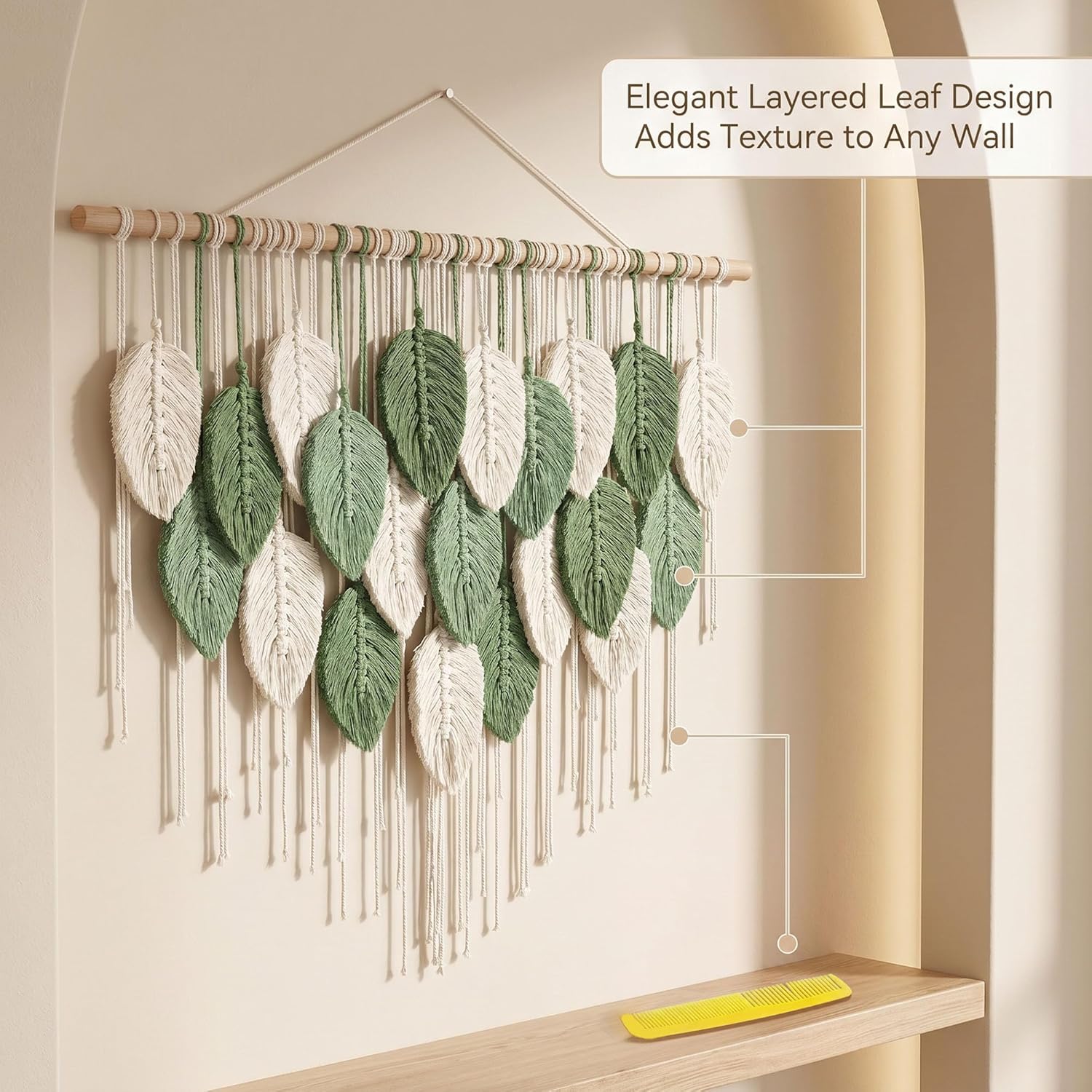 Mnjmhsg Large Macrame Wall Hanging, Boho Leaf Handwoven Macrame Wall Decor with Splicable Wood Rod, Tapestry Wall Hanging Bohemian Wall Art, Premium Cotton Macrame for Bedroom Living Room Office Decor, 39"W x 29.5"L