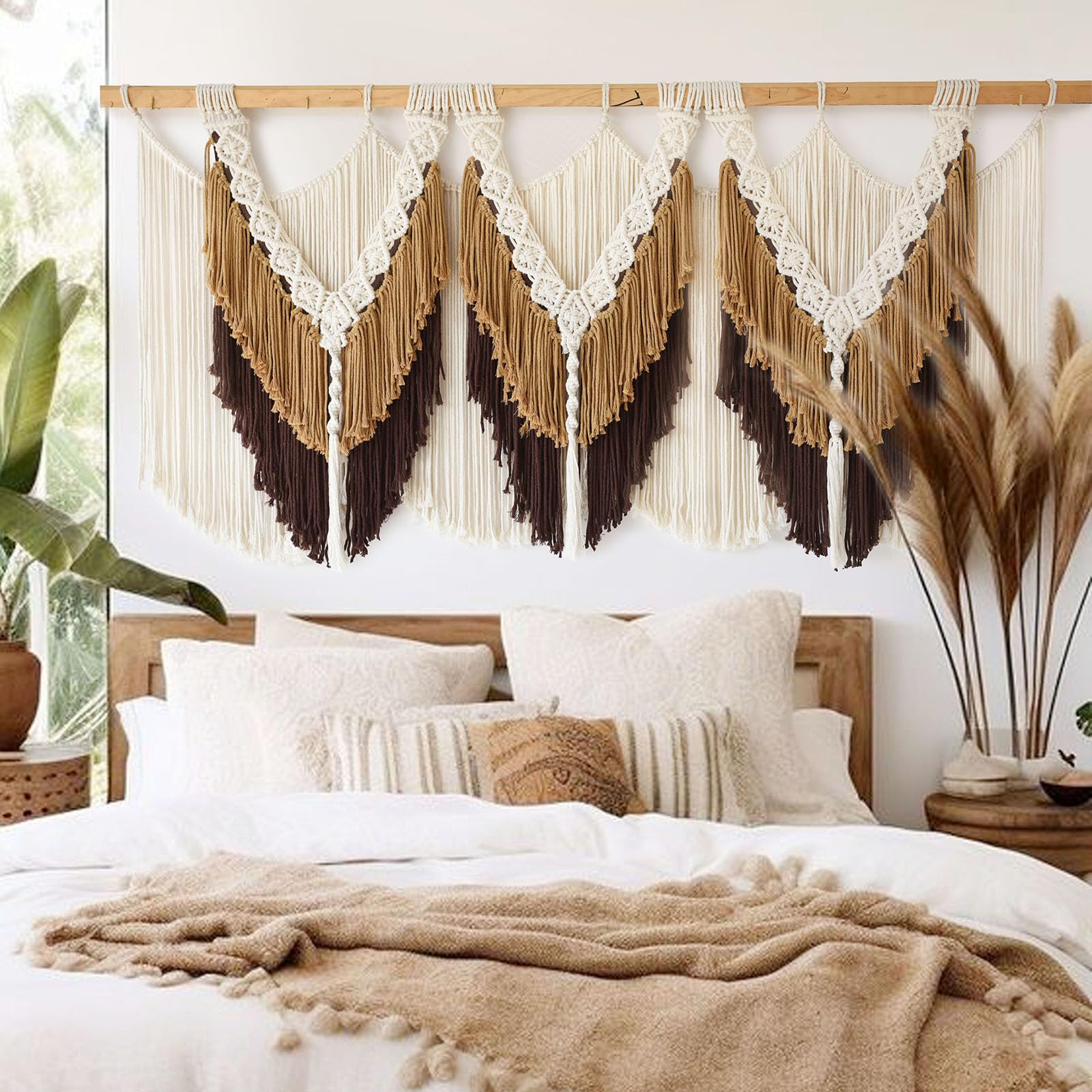 IOWER Macrame Wall Hanging Wedding Hanger Macrame Wall Decor Dorm Craftsmanship Handmade Tassel Knotting Boho Fiber Art Home Room Decor 47" W x 25" L