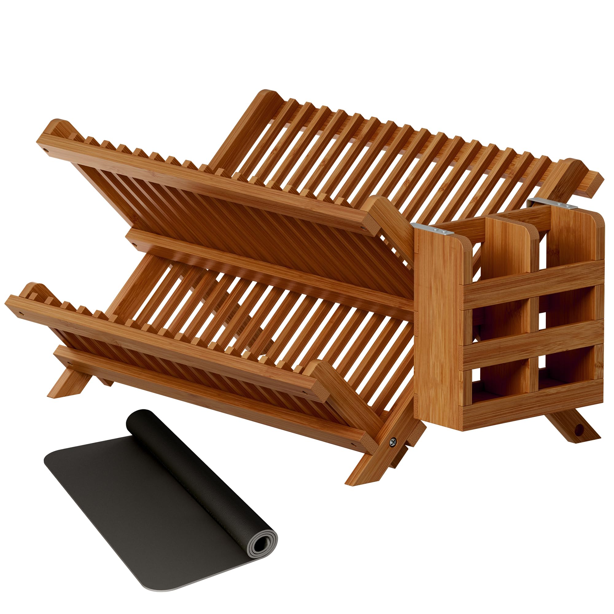 Greenual Bamboo Dish Drying Rack with Utensil Holder, 3 Tier Collapsible Dish Rack, Wooden Dish Racks for Kitchen Counter, Large Folding Drying Holder with Absorbent Dish Drying Mat