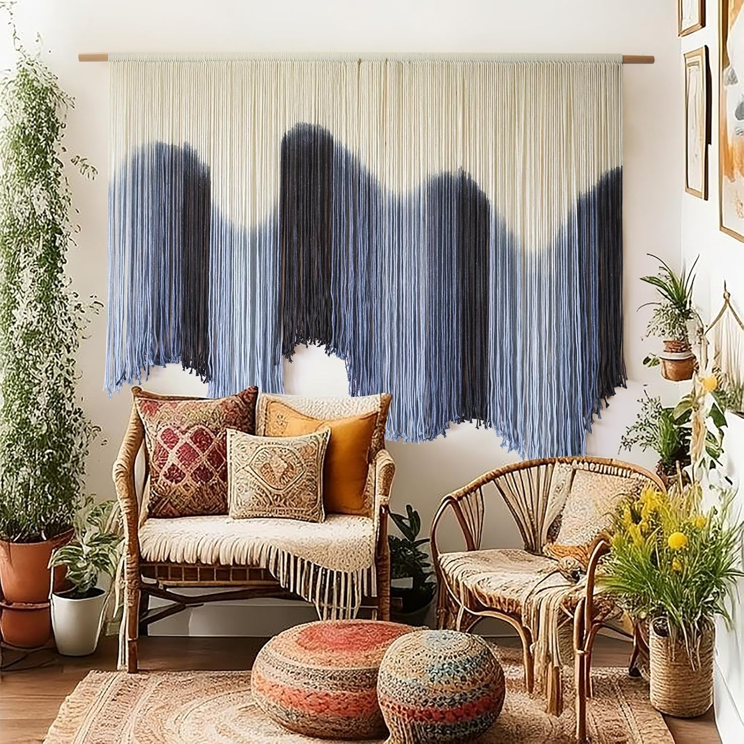 IOWER Macrame Wall Hanging Large Blue Dip Dyed Fiber Art Tapestry, Handmade Boho Wall Decor for Living Room Bedroom, Macrame Wall Art 57" W x 39" L