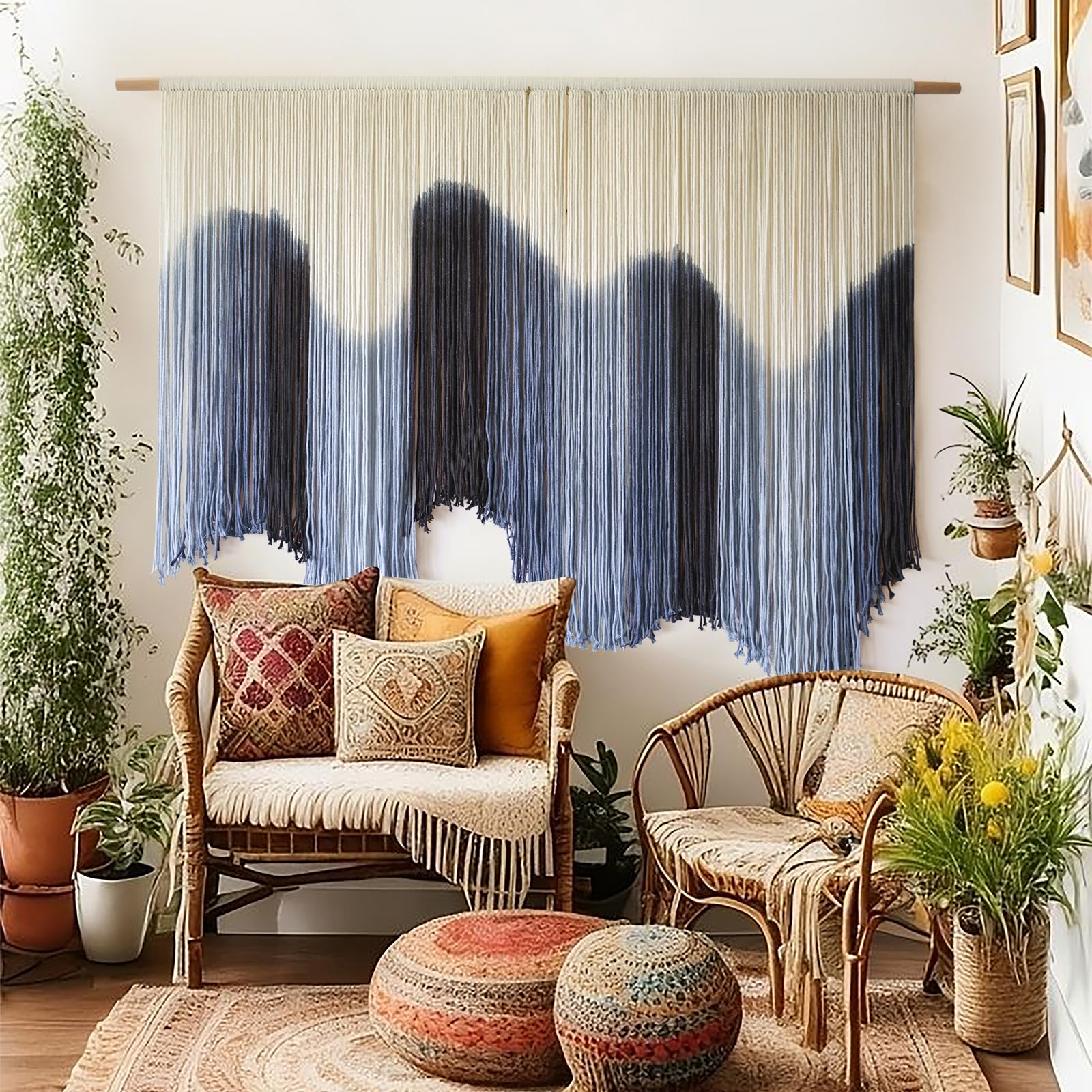 IOWER Macrame Wall Hanging Large Blue Dip Dyed Fiber Art Tapestry, Handmade Boho Wall Decor for Living Room Bedroom, Macrame Wall Art 57" W x 39" L