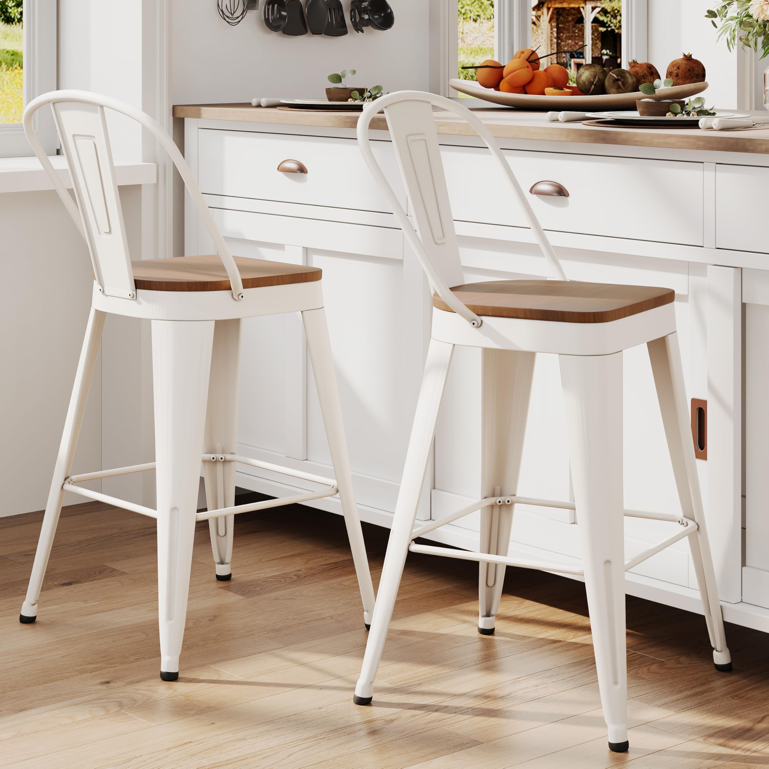 ALISH 30 Inch Industrial Bar Stools Set of 4, High Back Metal Barstools with Large Wood Seat, Counter Height Bar Chairs for Kitchen Island (30 Inch Set of 4, Black)