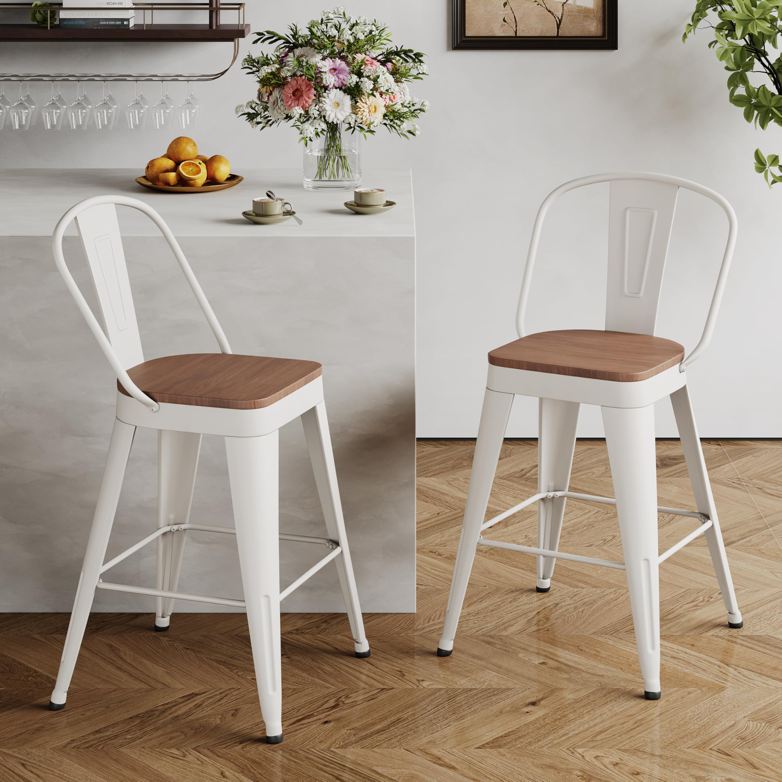 Andeworld Metal Bar Stools Set of 4, 24 inch Counter Height Barstools with Backs Farmhouse Modern High Back Bar Stools with Larger Seat Kitchen Dining Bar Chairs,Matte Black