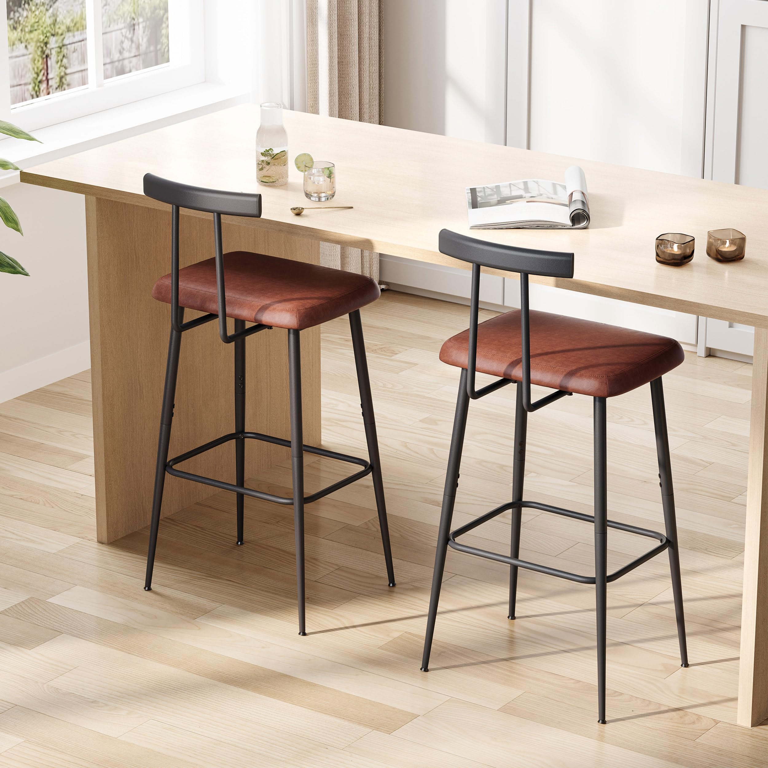 Set of 2 Industrial Bar Stools, Counter Height PU Leather Bar Chairs with Backrest & Footrest, Black