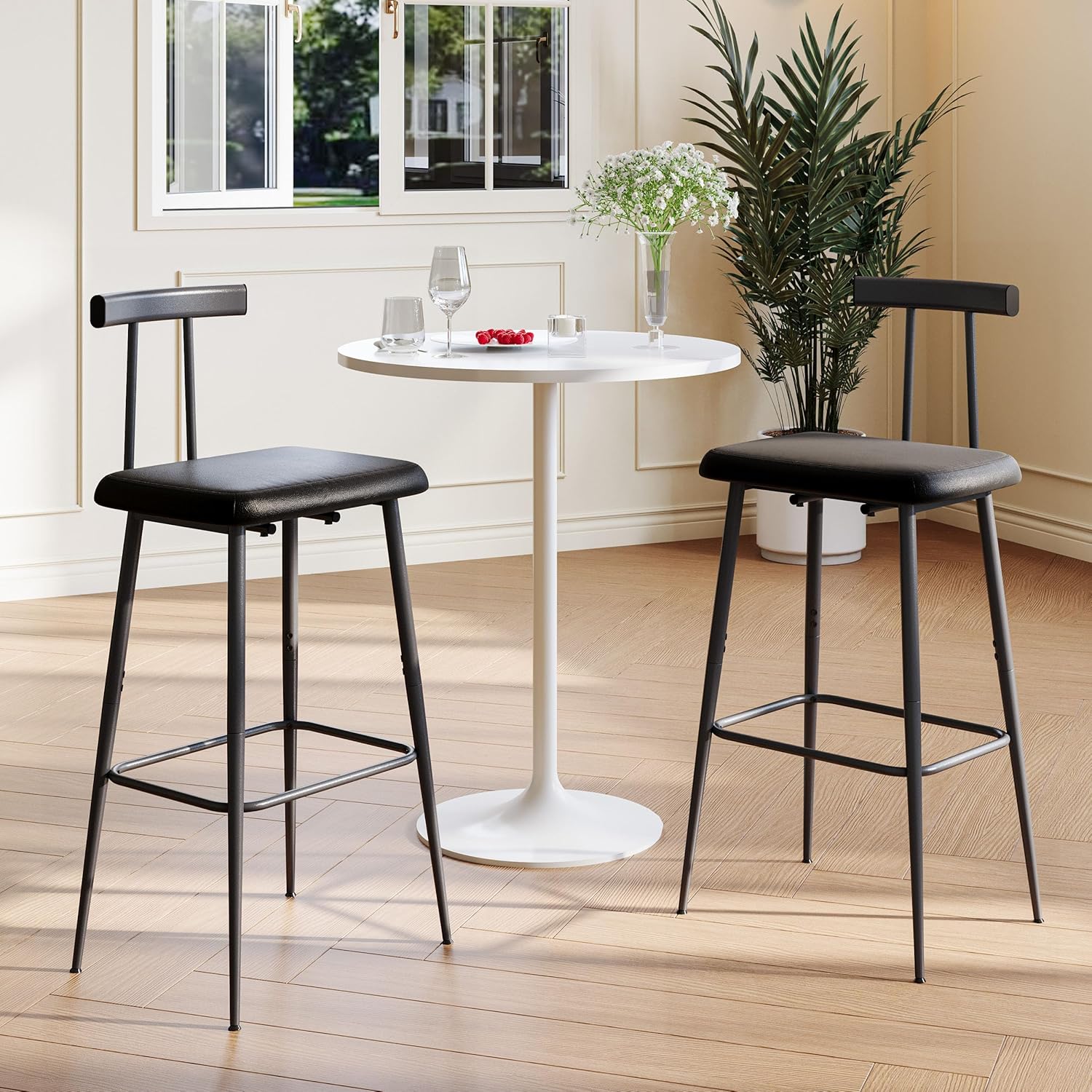 Set of 2 Industrial Bar Stools, Counter Height PU Leather Bar Chairs with Backrest & Footrest, Black