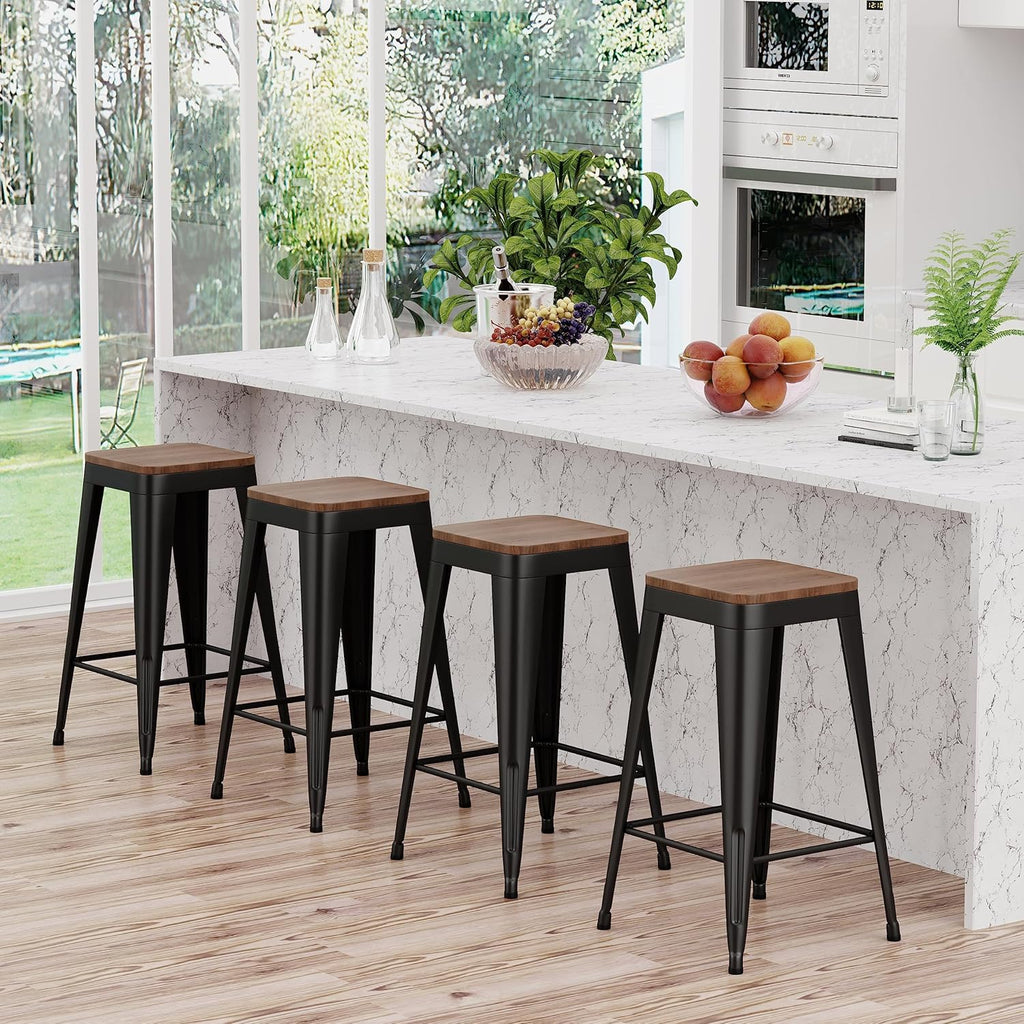 Barstools Set of 4 White Metal Bar Stools Industrial Modern Bar Chairs with Wood Top for Kitchen Island Counter Height Cafe Resturant Stools (Black Without Back, 26 inch Counter Height)