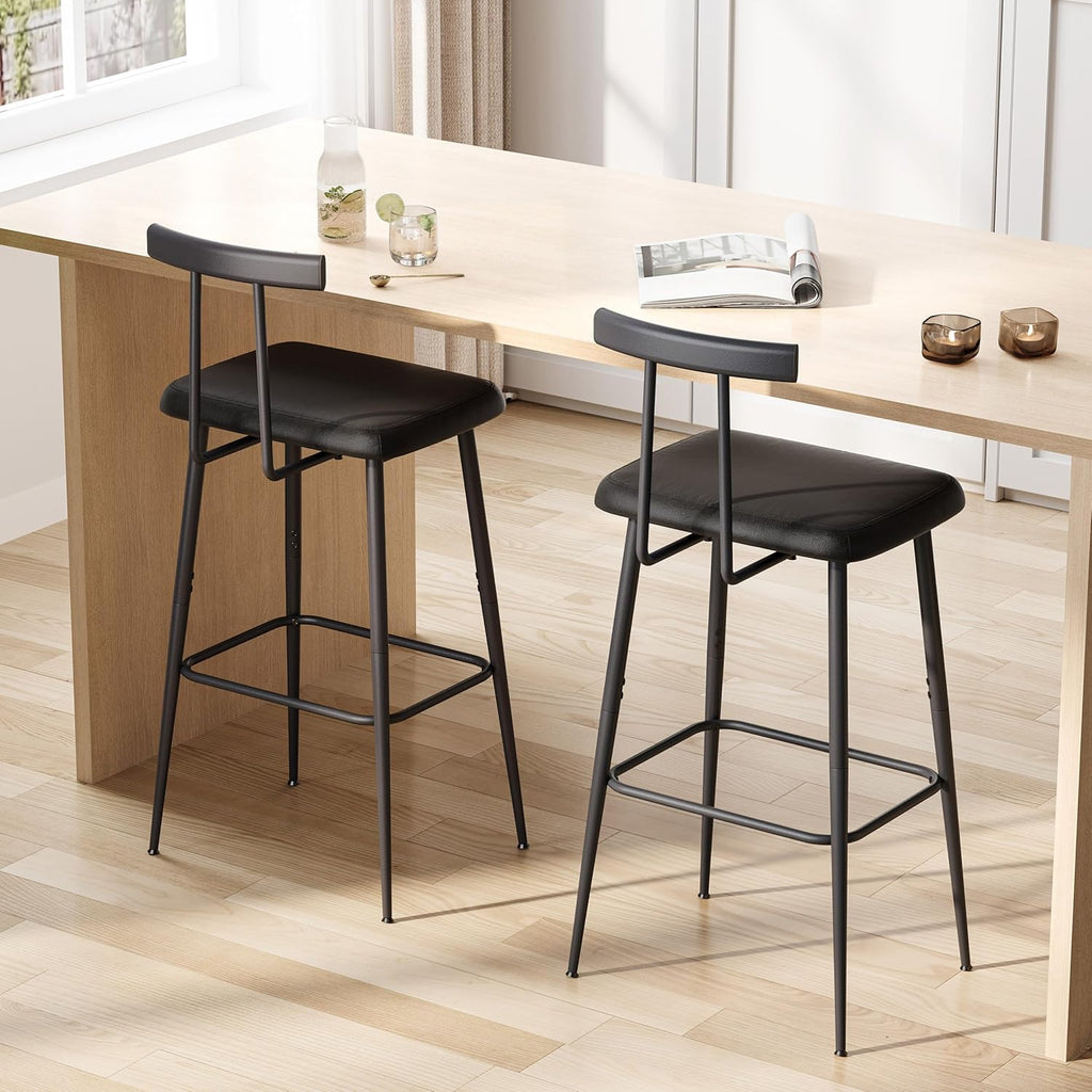 Set of 2 Industrial Bar Stools, Counter Height PU Leather Bar Chairs with Backrest & Footrest, Black