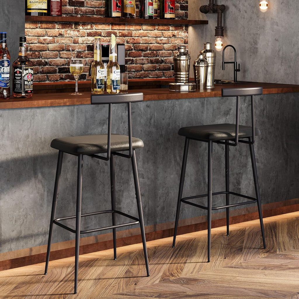 Set of 2 Industrial Bar Stools, Counter Height PU Leather Bar Chairs with Backrest & Footrest, Black