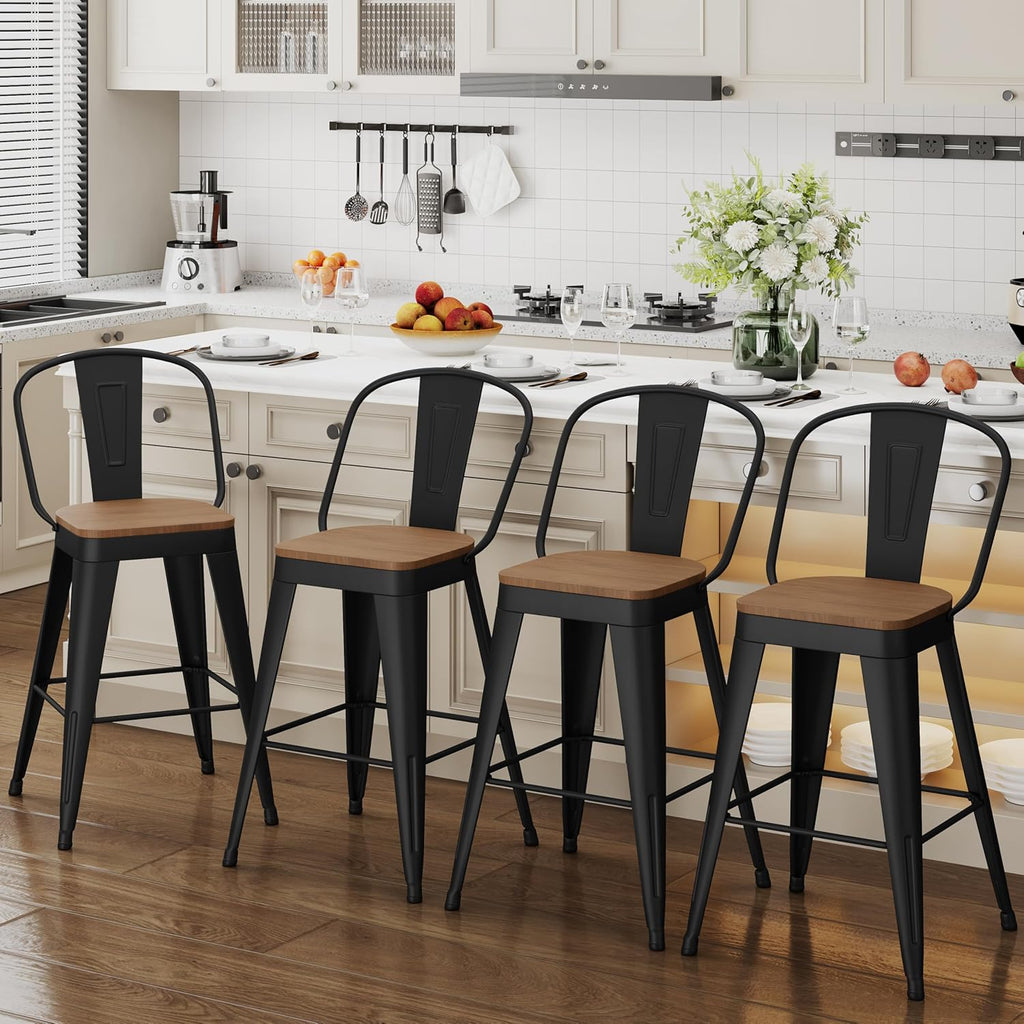 ALISH 30 Inch Industrial Bar Stools Set of 4, High Back Metal Barstools with Large Wood Seat, Counter Height Bar Chairs for Kitchen Island (30 Inch Set of 4, Black)