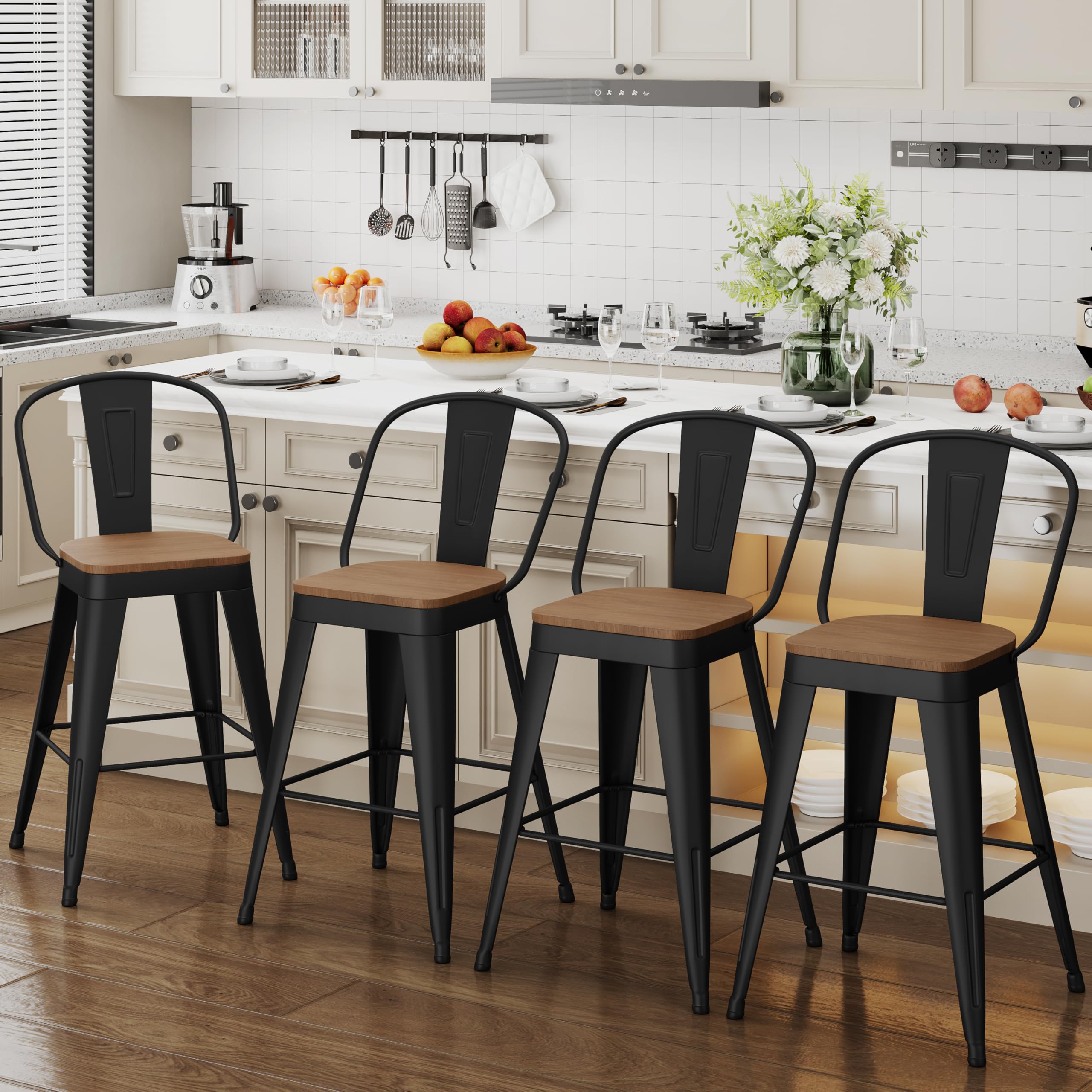 ALISH 30 Inch Industrial Bar Stools Set of 4, High Back Metal Barstools with Large Wood Seat, Counter Height Bar Chairs for Kitchen Island (30 Inch Set of 4, Black)