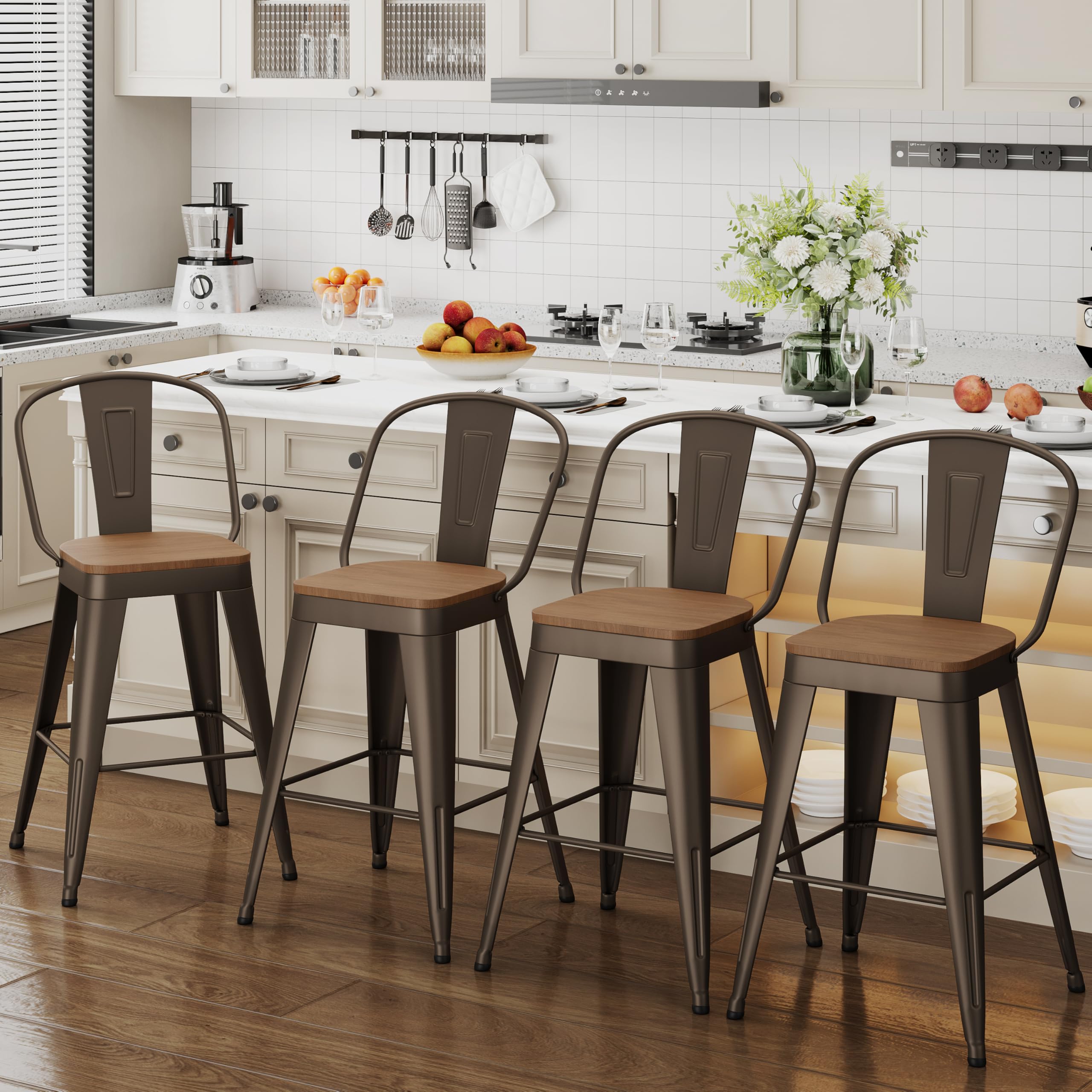 ALISH 30 Inch Industrial Bar Stools Set of 4, High Back Metal Barstools with Large Wood Seat, Counter Height Bar Chairs for Kitchen Island (30 Inch Set of 4, Black)