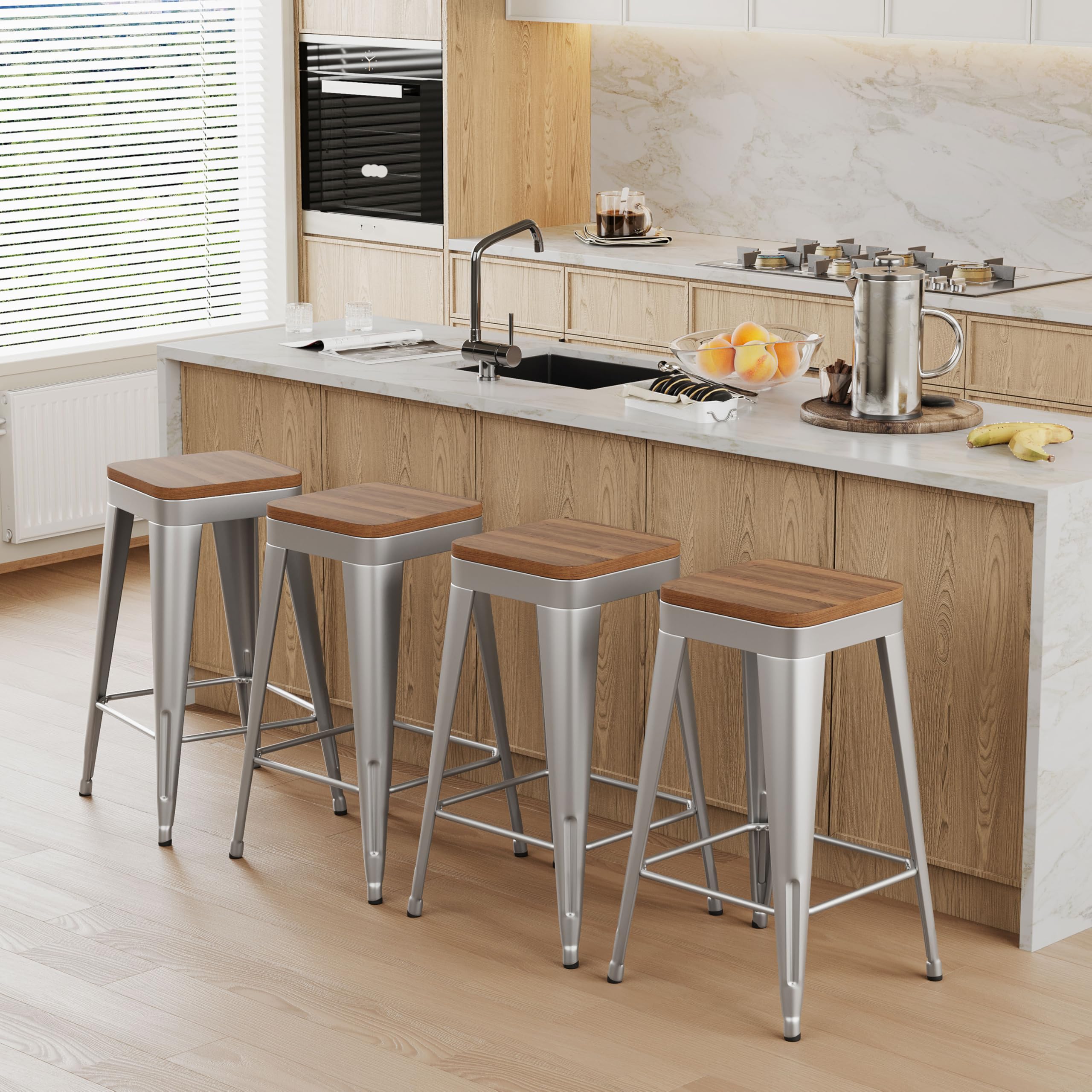 Bar Stools Set of 4 Metal Bar Stool Counter Height Bar Stools Black, Modern 24" Bar Chairs Without Back,Wooden Seat Bar Stool Counter Height