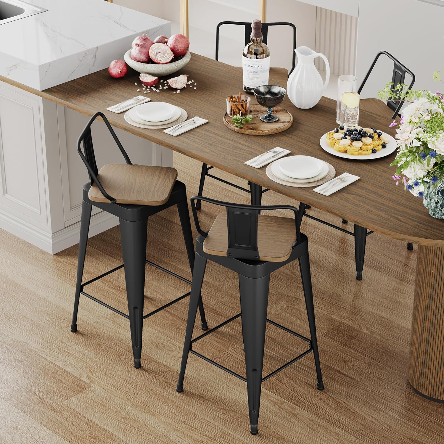 ALISH Swivel Bar Stools Set of 4 Counter Height Metal Bar Stools with Low Back Industrial Barstools for Kitchen Island (Black, 24 Inch 4 PCS)
