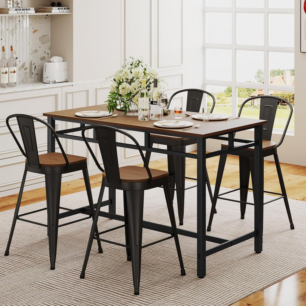 ALISH 30 Inch Industrial Bar Stools Set of 4, High Back Metal Barstools with Large Wood Seat, Counter Height Bar Chairs for Kitchen Island (30 Inch Set of 4, Black)