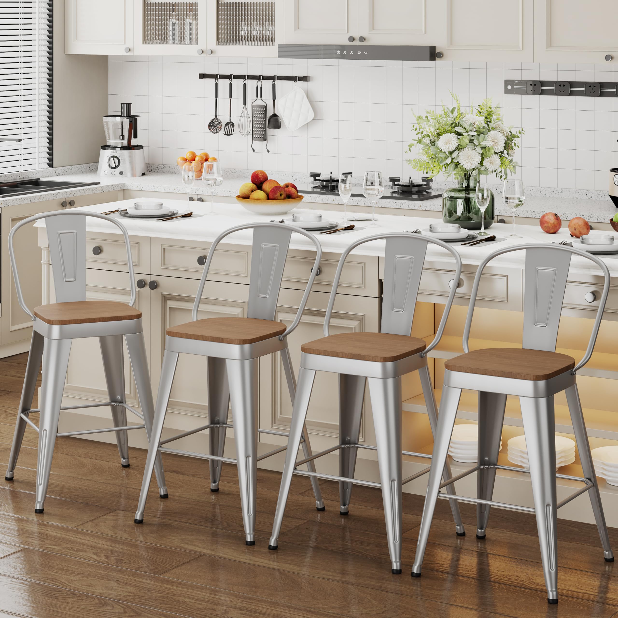 ALISH 30 Inch Industrial Bar Stools Set of 4, High Back Metal Barstools with Large Wood Seat, Counter Height Bar Chairs for Kitchen Island (30 Inch Set of 4, Black)