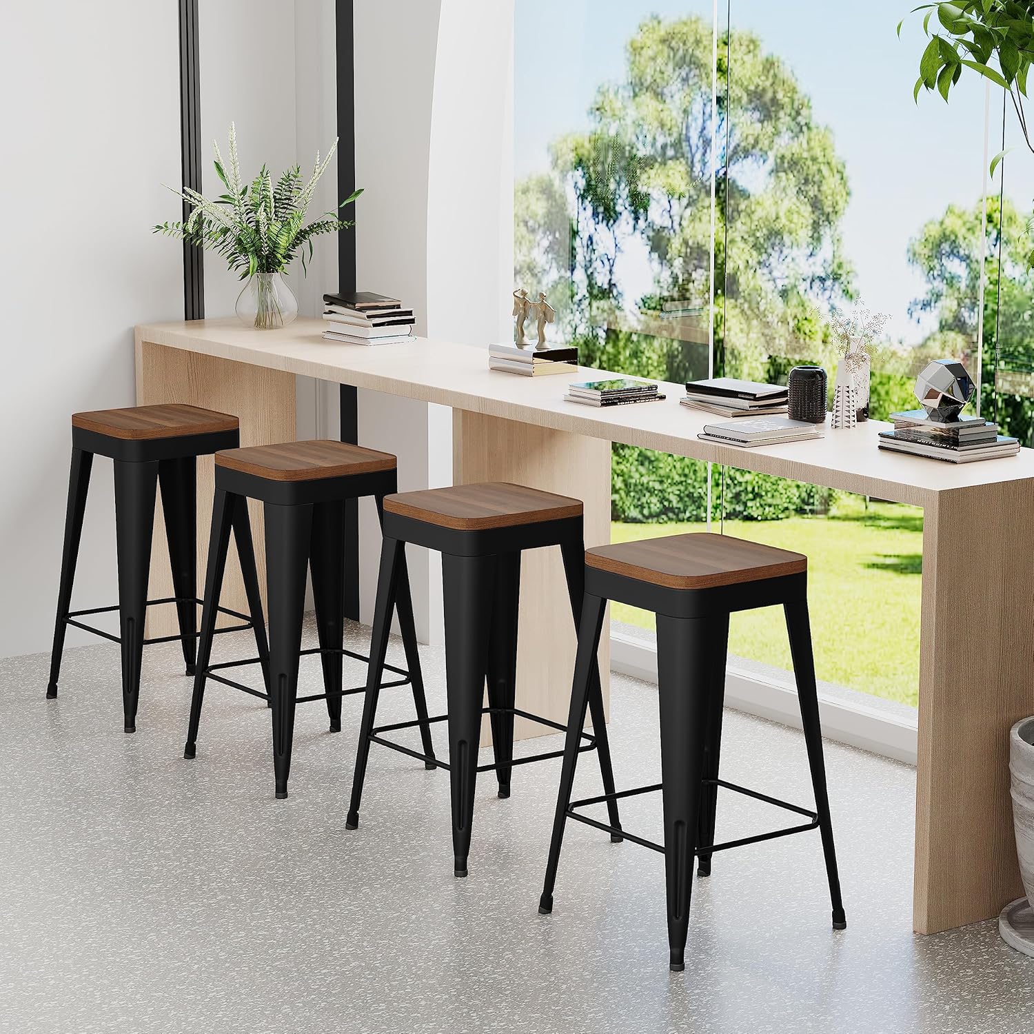 Bar Stools Set of 4 Metal Bar Stool Counter Height Bar Stools Black, Modern 24" Bar Chairs Without Back,Wooden Seat Bar Stool Counter Height