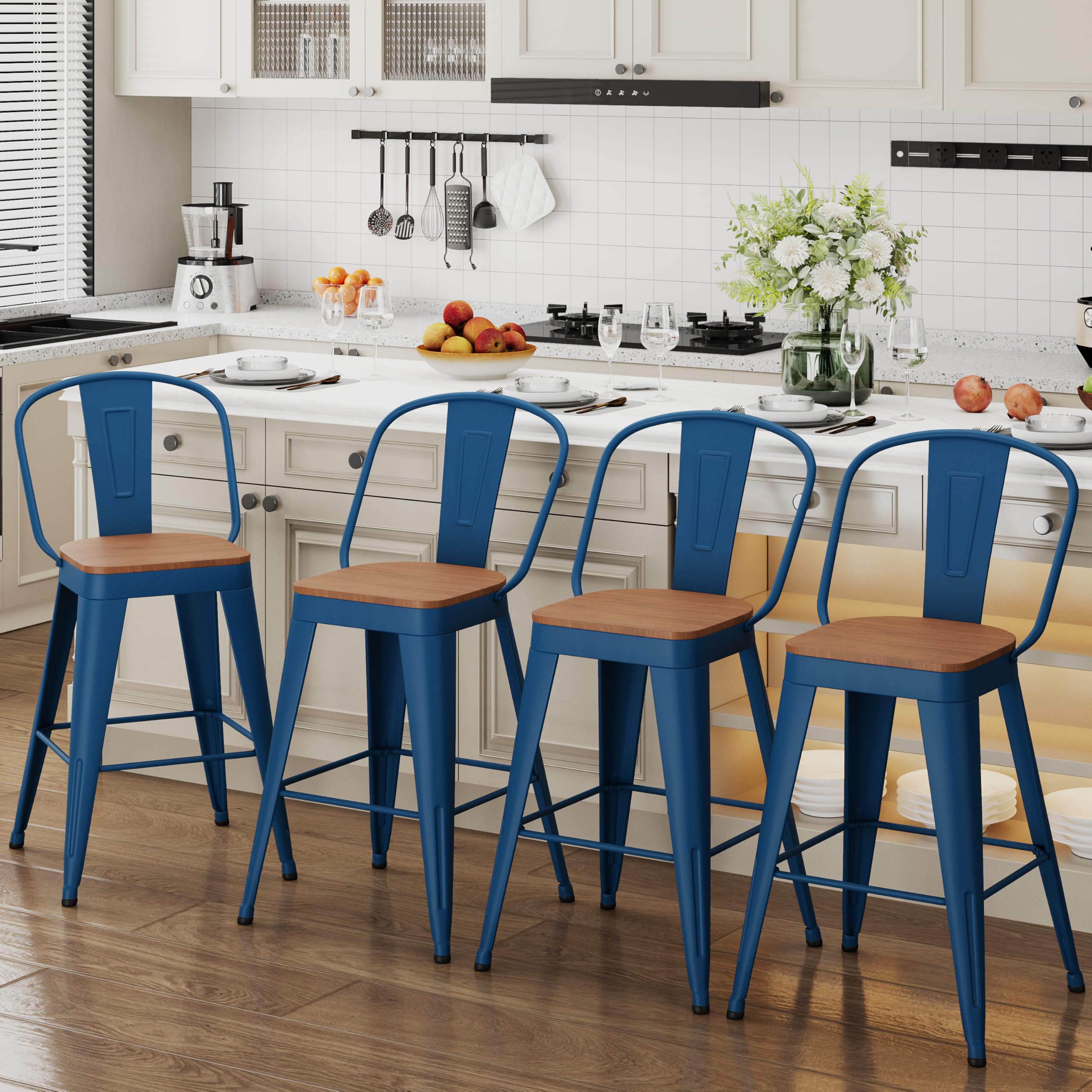 ALISH 30 Inch Industrial Bar Stools Set of 4, High Back Metal Barstools with Large Wood Seat, Counter Height Bar Chairs for Kitchen Island (30 Inch Set of 4, Black)
