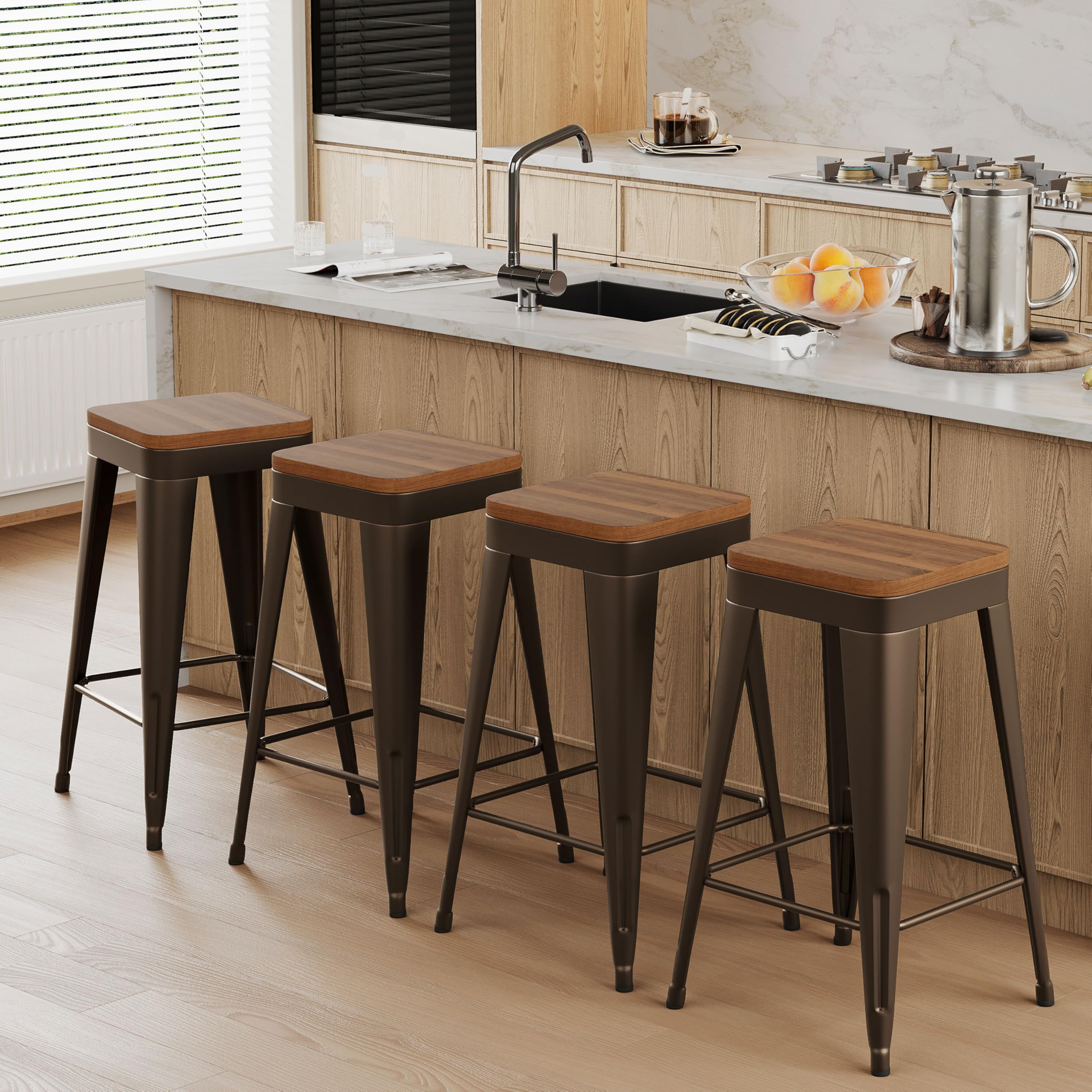 Bar Stools Set of 4 Metal Bar Stool Counter Height Bar Stools Black, Modern 24" Bar Chairs Without Back,Wooden Seat Bar Stool Counter Height