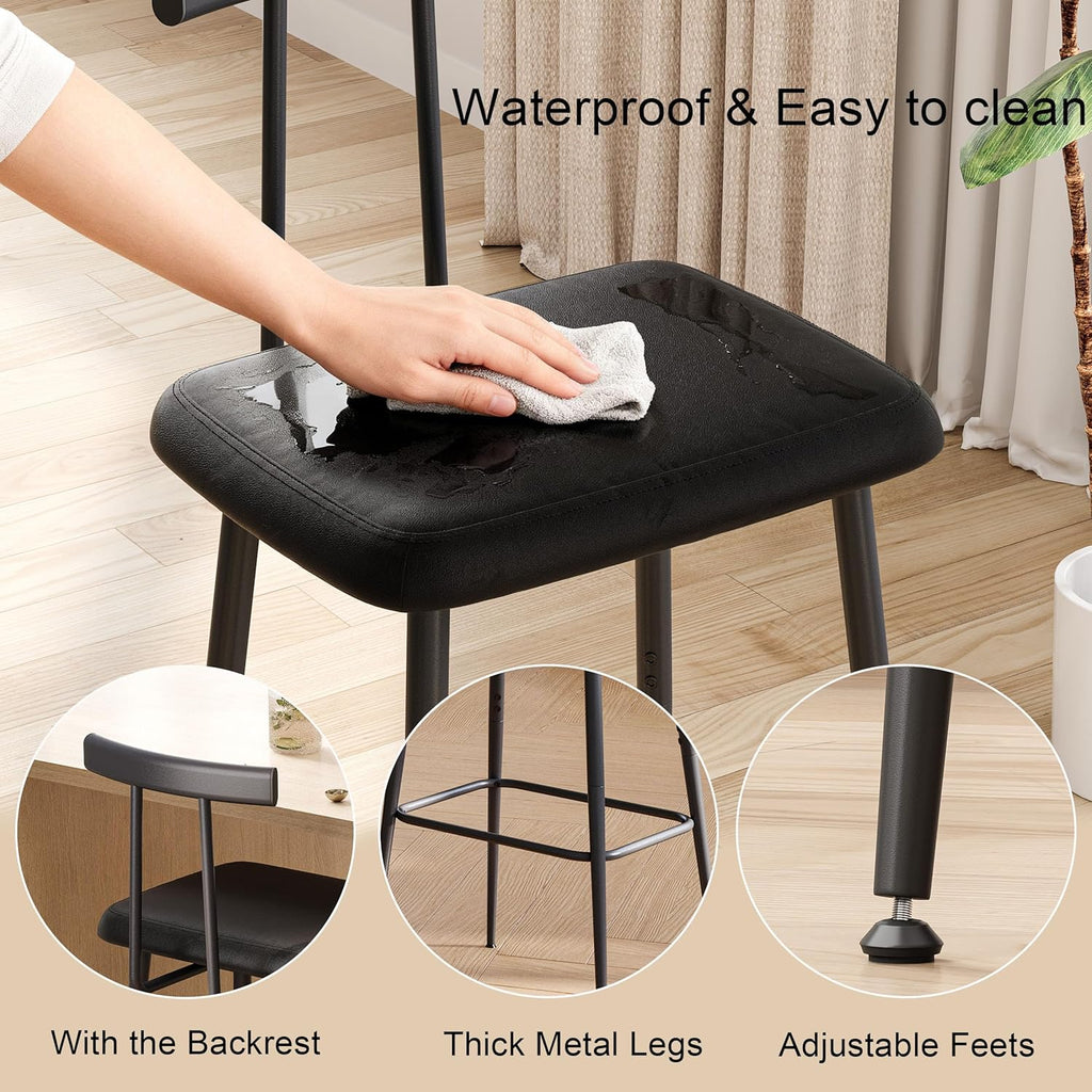 Set of 2 Industrial Bar Stools, Counter Height PU Leather Bar Chairs with Backrest & Footrest, Black