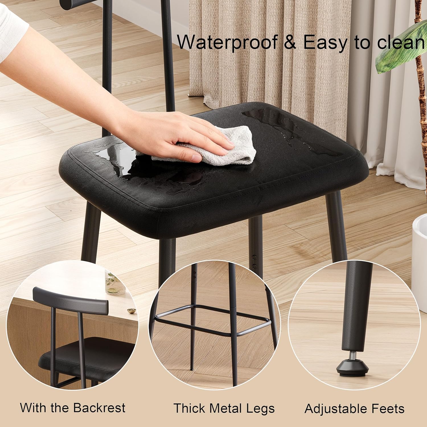 Set of 2 Industrial Bar Stools, Counter Height PU Leather Bar Chairs with Backrest & Footrest, Black
