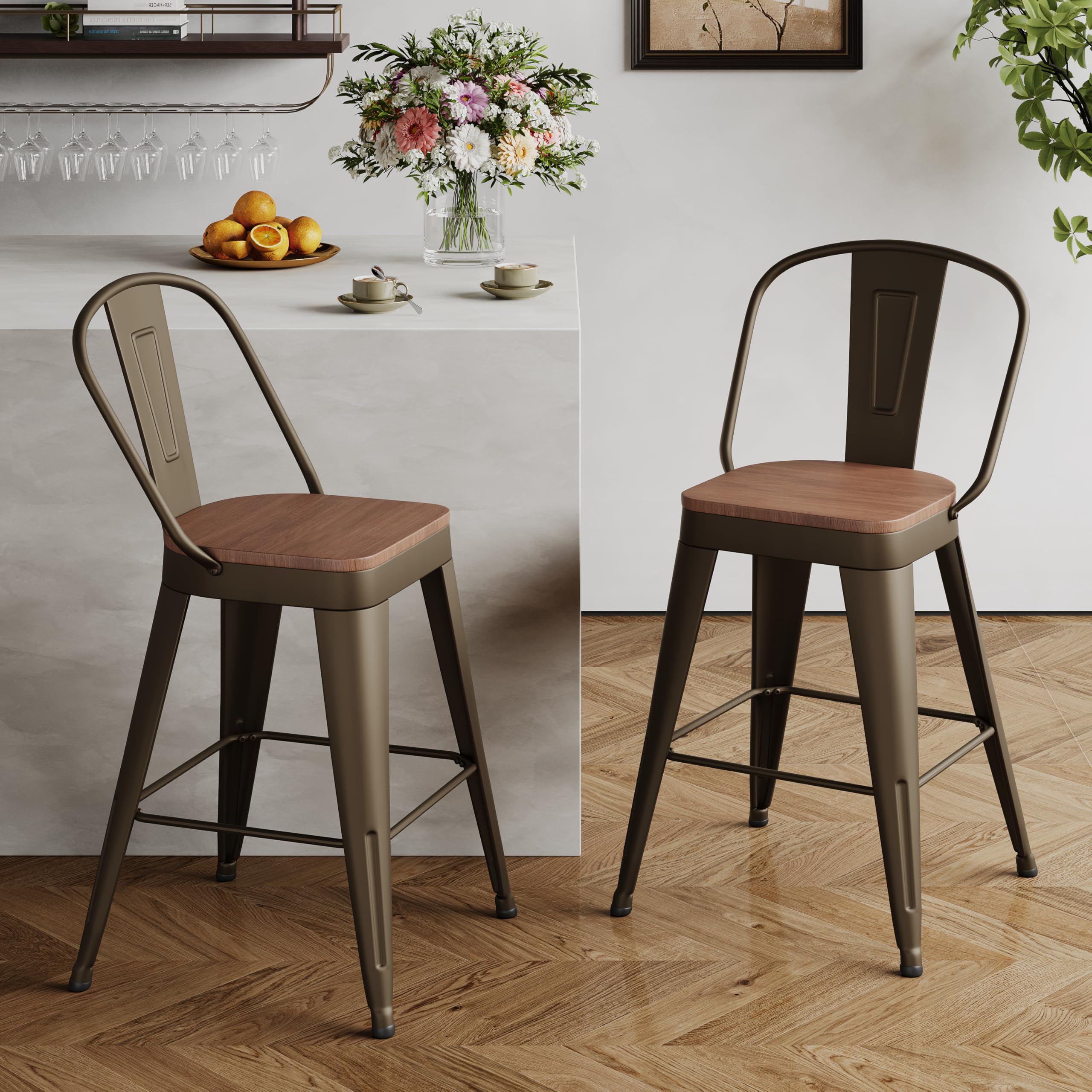 Andeworld Metal Bar Stools Set of 4, 24 inch Counter Height Barstools with Backs Farmhouse Modern High Back Bar Stools with Larger Seat Kitchen Dining Bar Chairs,Matte Black